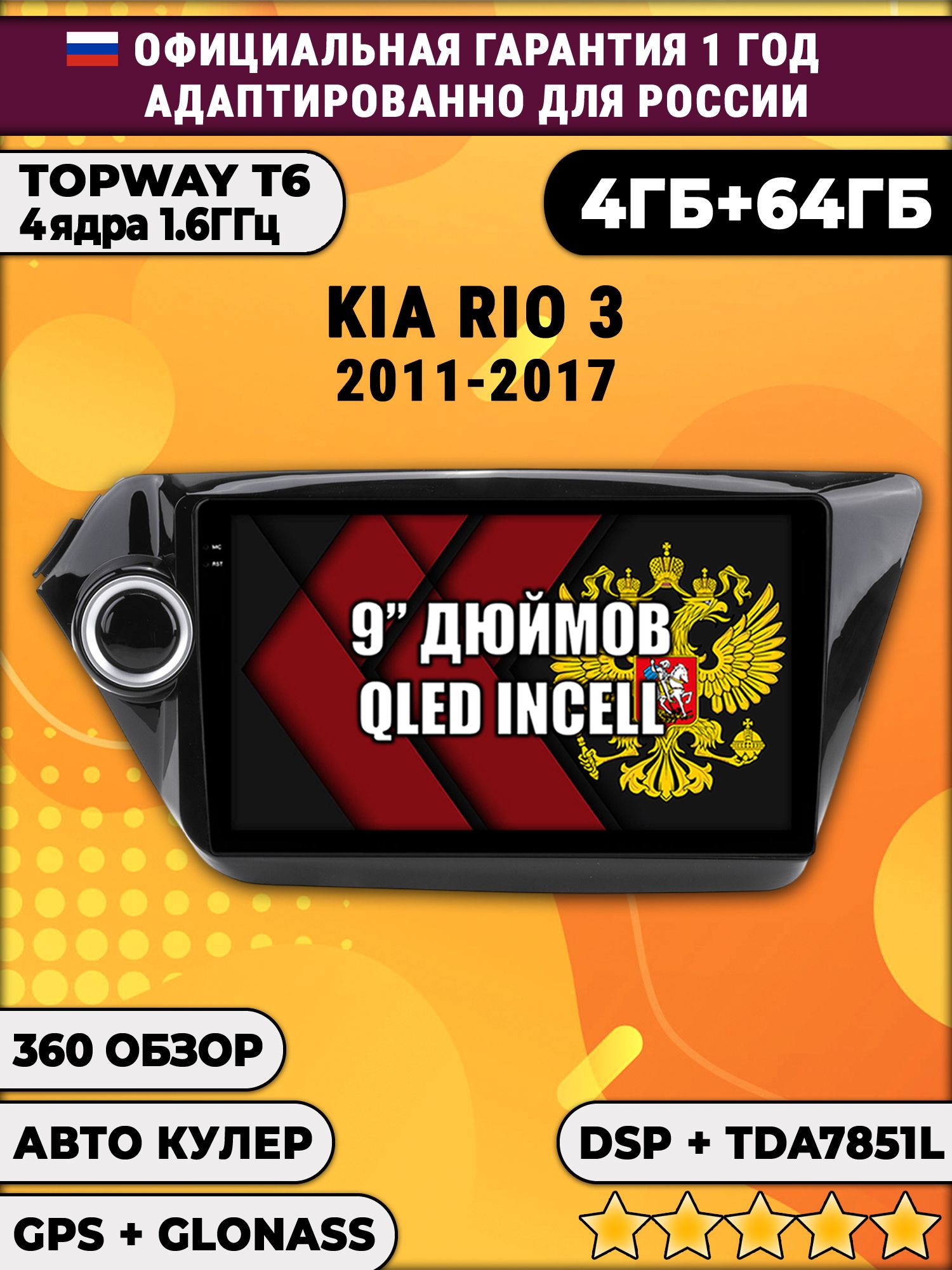4гб+64гб с DSP для KIA RIO 3 (2011 - 2017) Киа Рио, Android магнитола, без слота под симку, усилитель звука TDA7851 и поддержка 360 камер