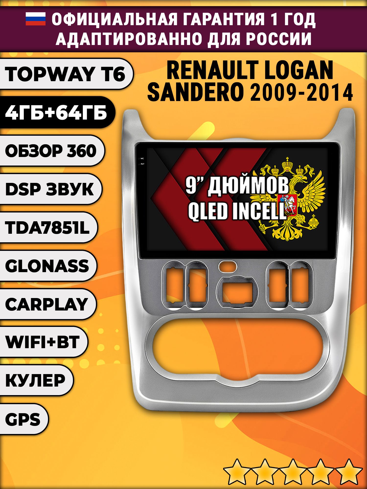 4гб+64гб с DSP для RENAULT LOGAN (2009 - 2014), SANDERO (2009 - 2014), рамка серебро, Android магнитола, без слота под симку, усилитель звука TDA7851 и поддержка 360 камер