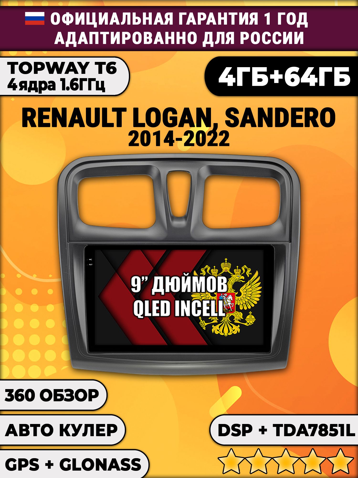 4гб+64гб с DSP для RENAULT LOGAN, SANDERO (2014 - 2022), Android магнитола, без слота под симку, усилитель звука TDA7851
