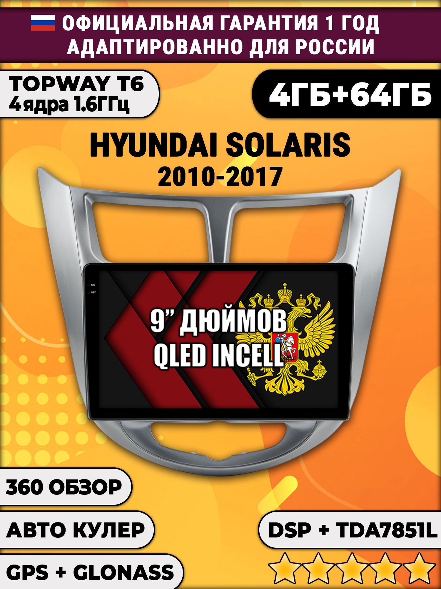 4гб+64гб с DSP для HYUNDAI SOLARIS (2010 - 2017) Соларис, Android магнитола, без слота под симку, усилитель звука TDA7851