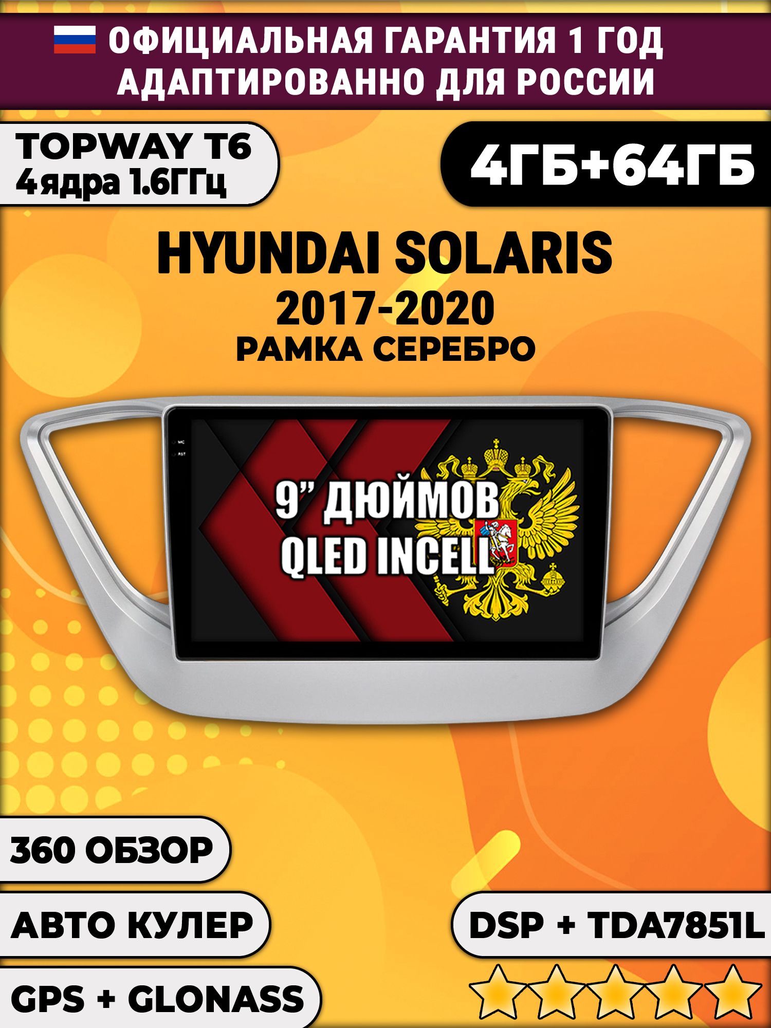 4гб+64гб с DSP для HYUNDAI SOLARIS (2017 - 2020) Соларис, Android магнитола, без слота под симку, усилитель звука TDA7851 и поддержка 360 камер