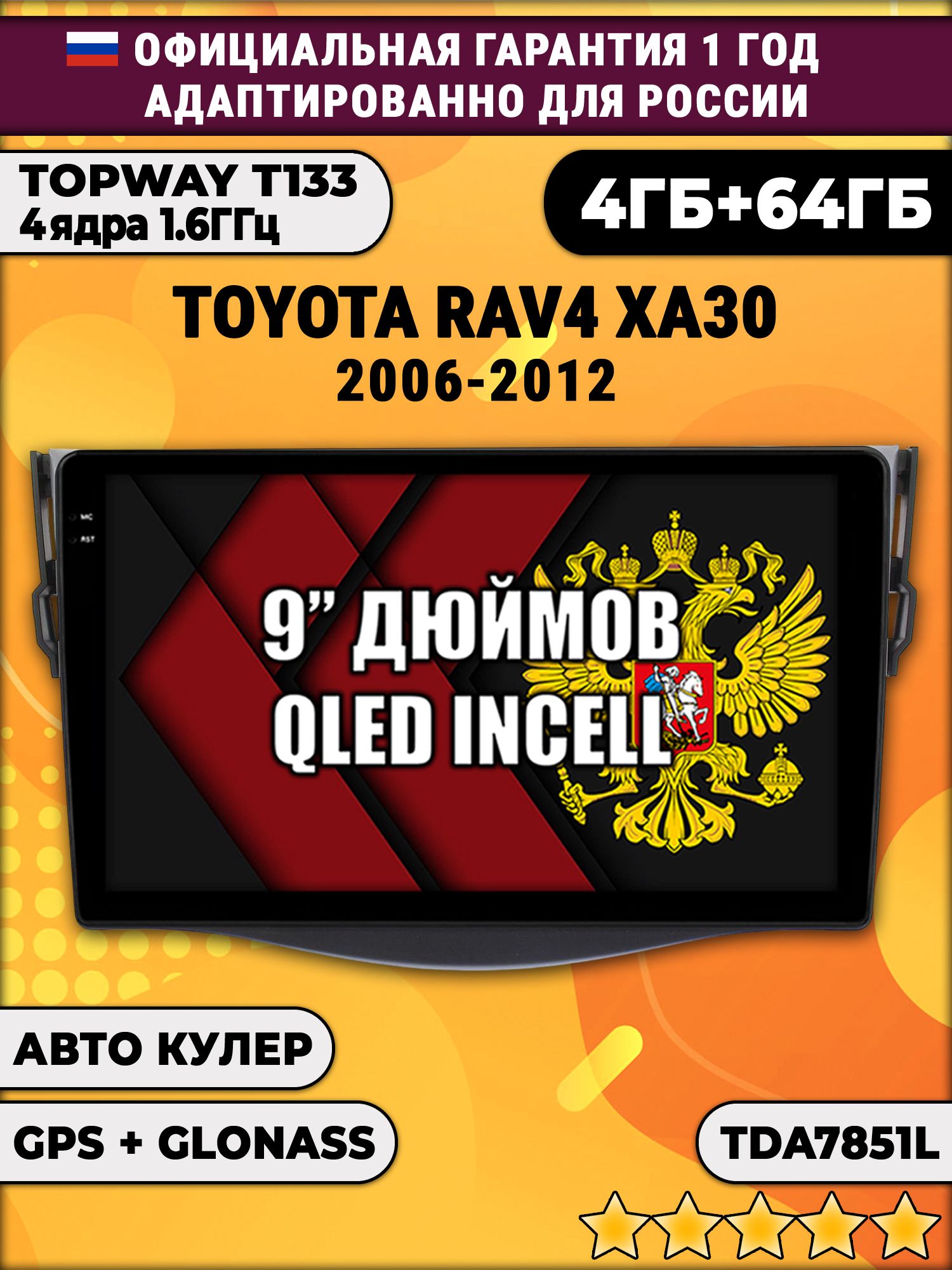 4гб+64гб для TOYOTA RAV4 XA30 (2006 - 2012) RAV 4, Android магнитола, без слота под симку, усилитель звука настоящий TDA7851