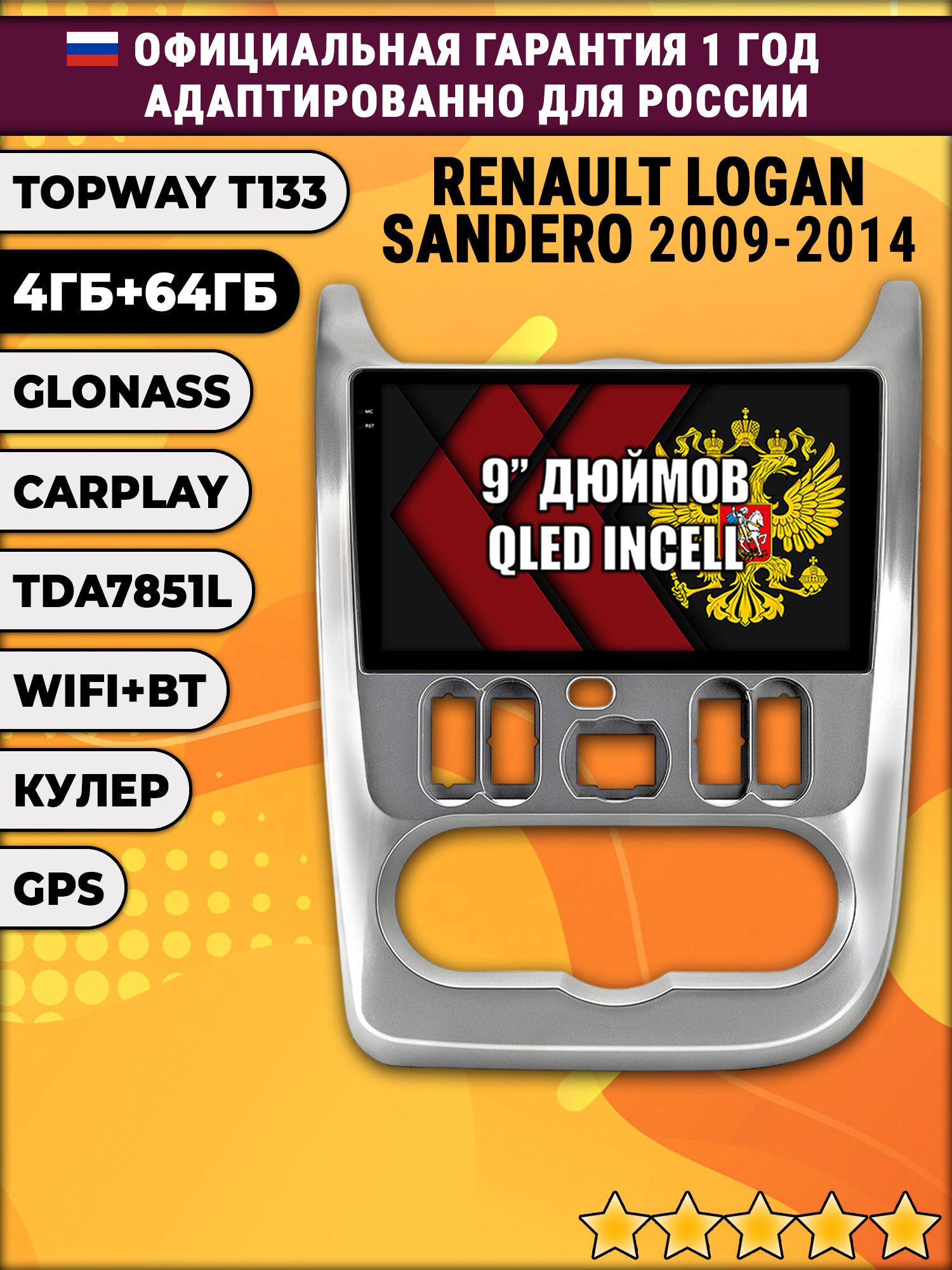 4гб+64гб для RENAULT LOGAN (2009 - 2014), SANDERO (2009 - 2014), рамка серебро, Android магнитола, без слота под симку, усилитель звука настоящий TDA7851