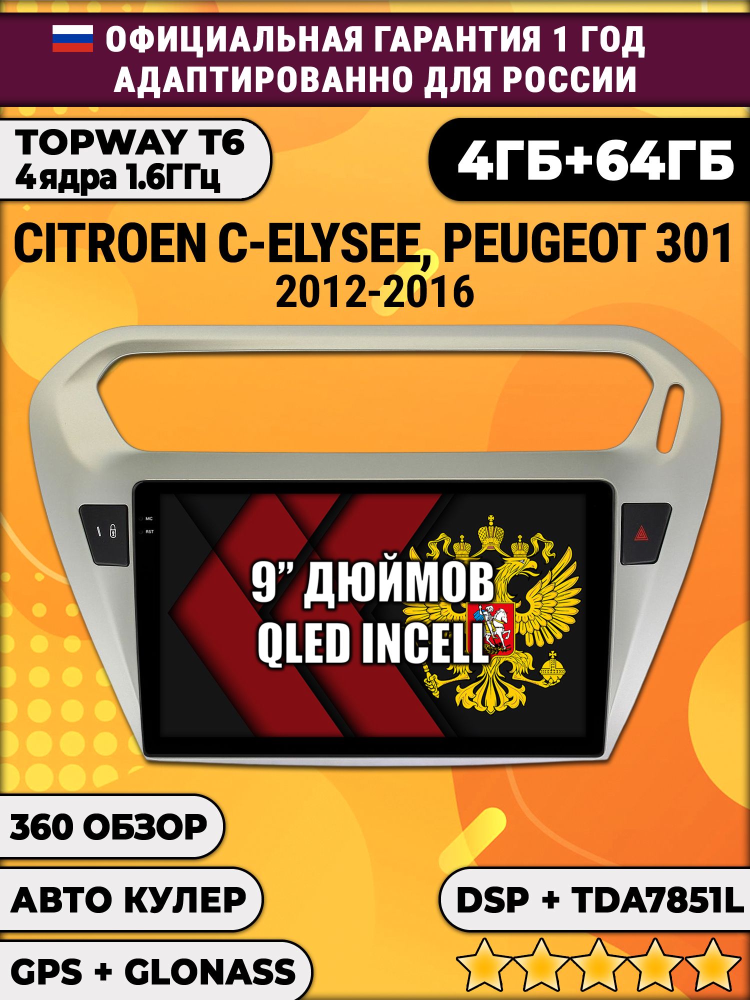 4гб+64гб с DSP для PEUGEOT 301, CITROEN C-ELYSEE (2012 - 2016), Android магнитола, без слота под симку, усилитель звука TDA7851 и поддержка 360 камер