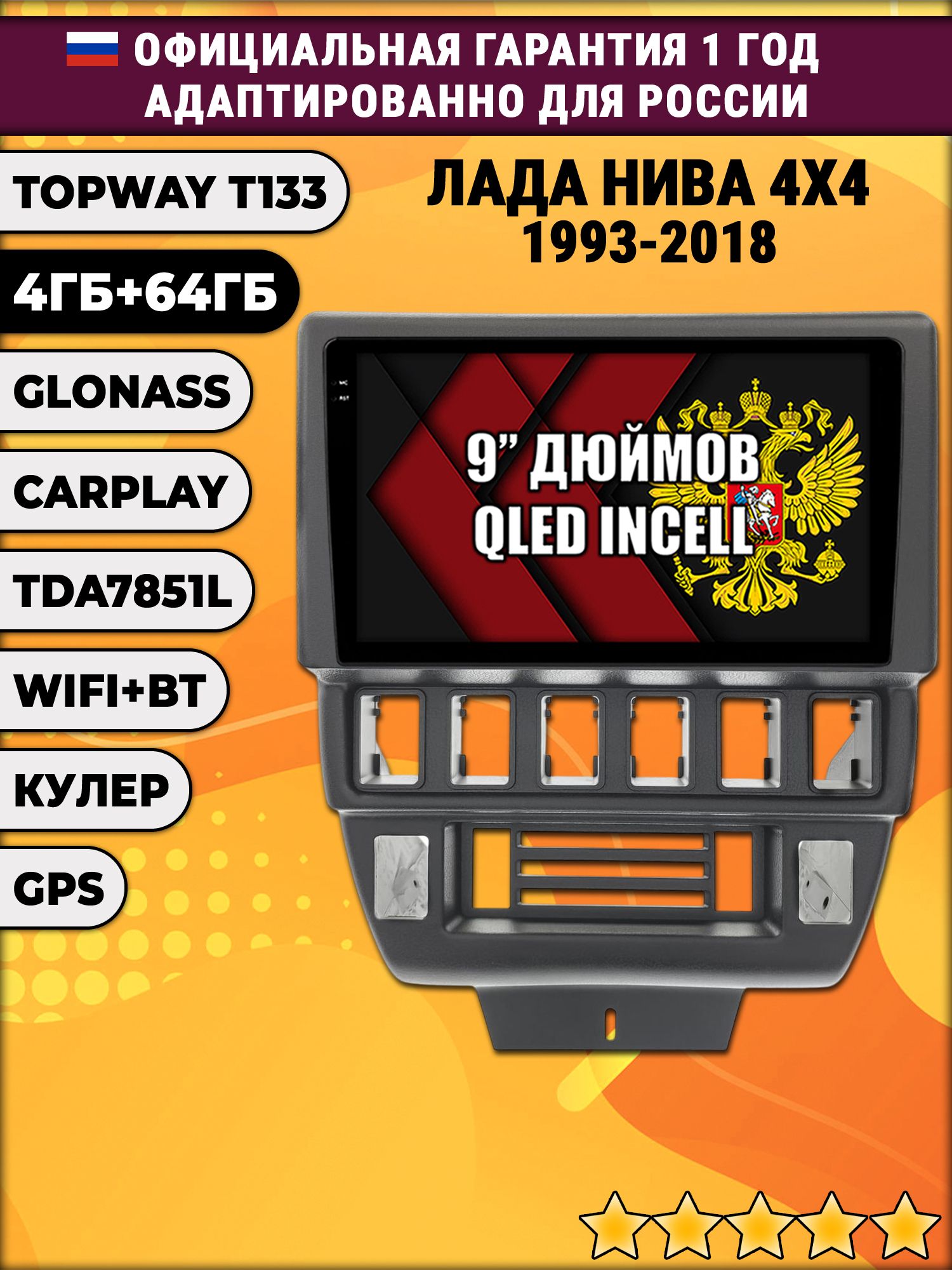 4гб+64гб для ЛАДА НИВА (1993-2018), LADA NIVA 4X4, Android магнитола, без слота под симку, усилитель звука настоящий TDA7851
