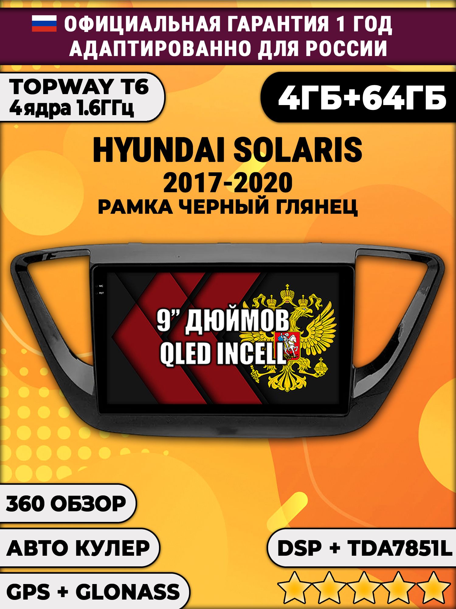 4гб+64гб с DSP для HYUNDAI SOLARIS (2017 - 2020) Соларис, рамка черная глянцевая, Android магнитола, без слота под симку, усилитель звука TDA7851 и поддержка 360 камер