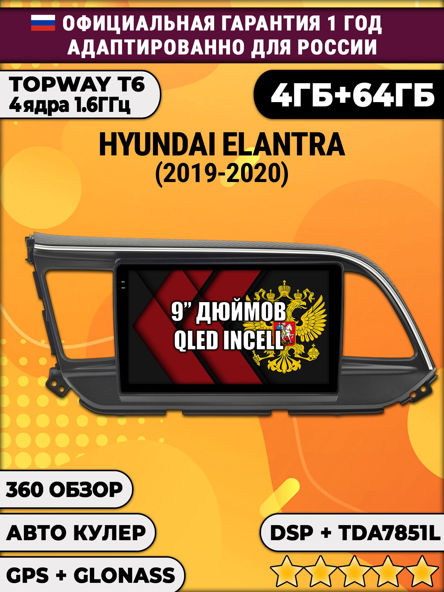 4гб+64гб с DSP для HYUNDAI ELANTRA (2019 - 2020), Android магнитола, без слота под симку, усилитель звука TDA7851 и поддержка 360 камер