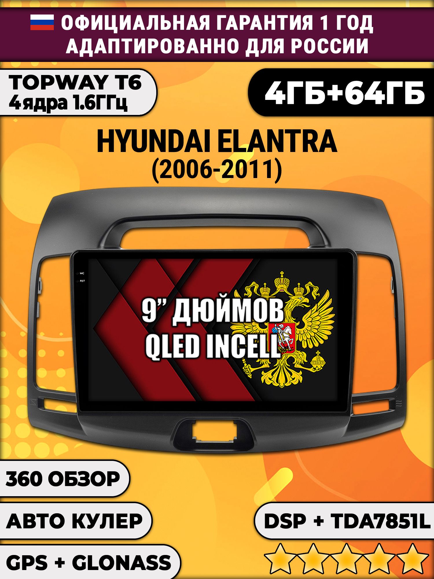 4гб+64гб с DSP для HYUNDAI ELANTRA (2006 - 2011), Android магнитола, без слота под симку, усилитель звука TDA7851 и поддержка 360 камер