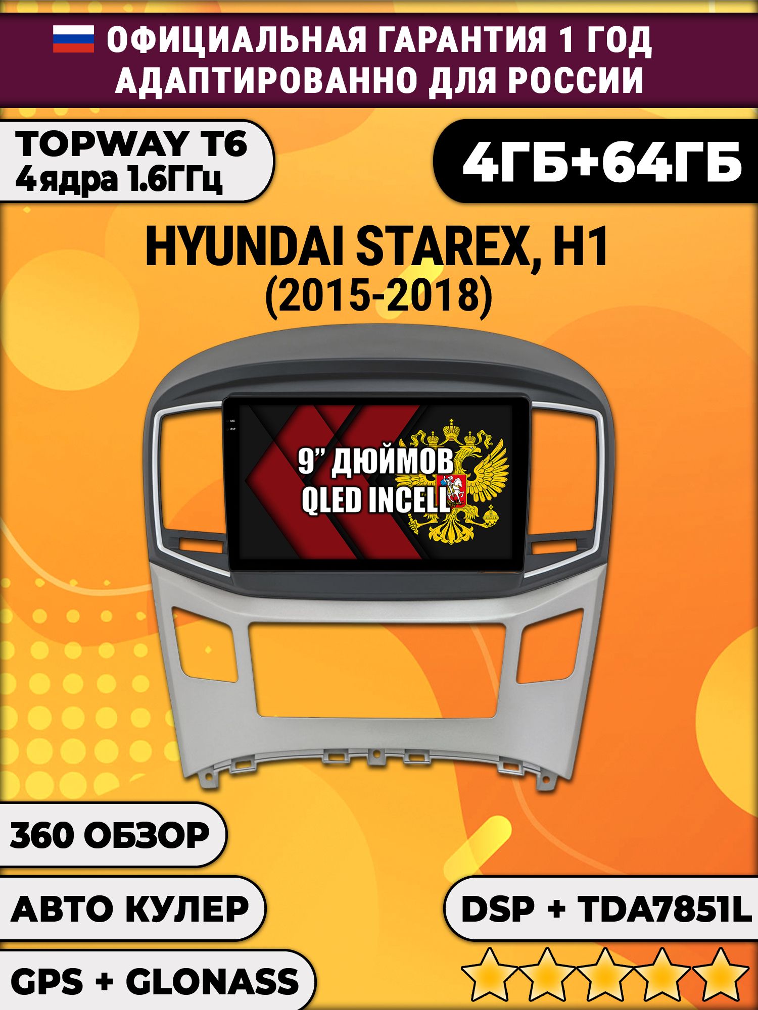 4гб+64гб с DSP для HYUNDAI H1, H-1, STAREX (2015 - 2018), Android магнитола, без слота под симку, усилитель звука TDA7851 и поддержка 360 камер