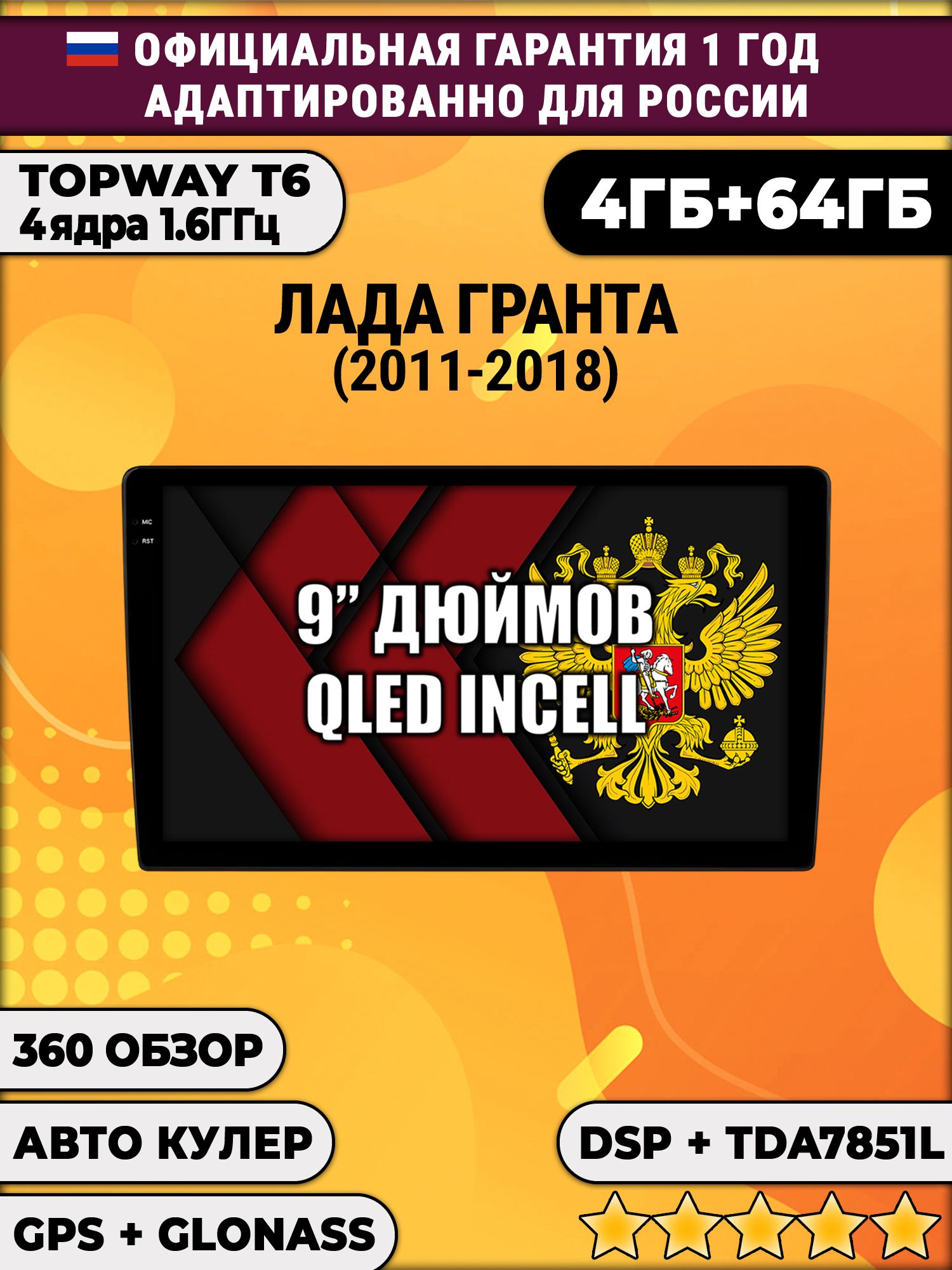 4гб+64гб с DSP для ЛАДА ГРАНТА (2011 - 2018), LADA GRANTA, Android магнитола, без слота под симку, усилитель звука TDA7851 и поддержка 360 камер