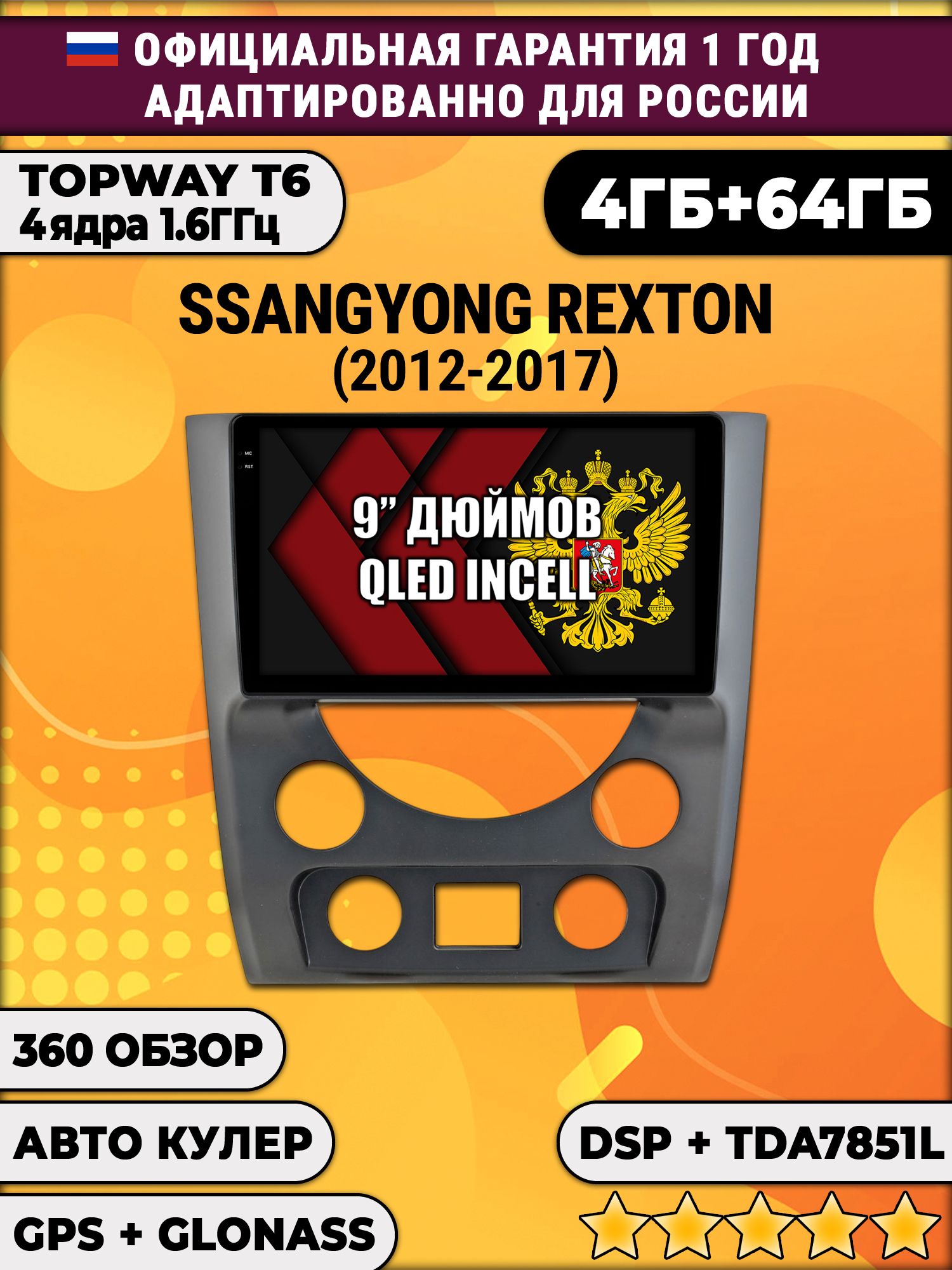 4гб+64гб с DSP для SSANGYONG REXTON (2012 - 2017), Android магнитола, без слота под симку, усилитель звука TDA7851 и поддержка 360 камер