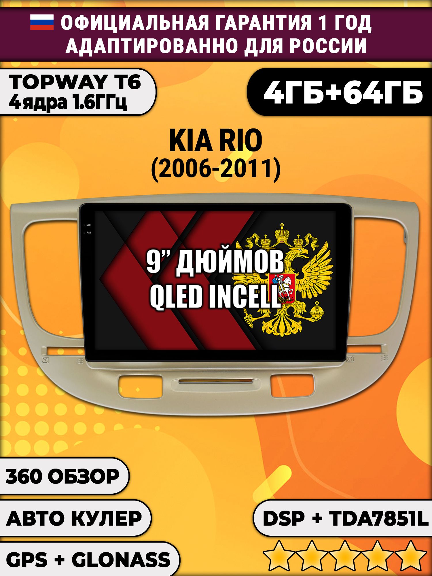 4гб+64гб с DSP для KIA RIO (2006 - 2011), Android магнитола, без слота под симку, усилитель звука TDA7851 и поддержка 360 камер