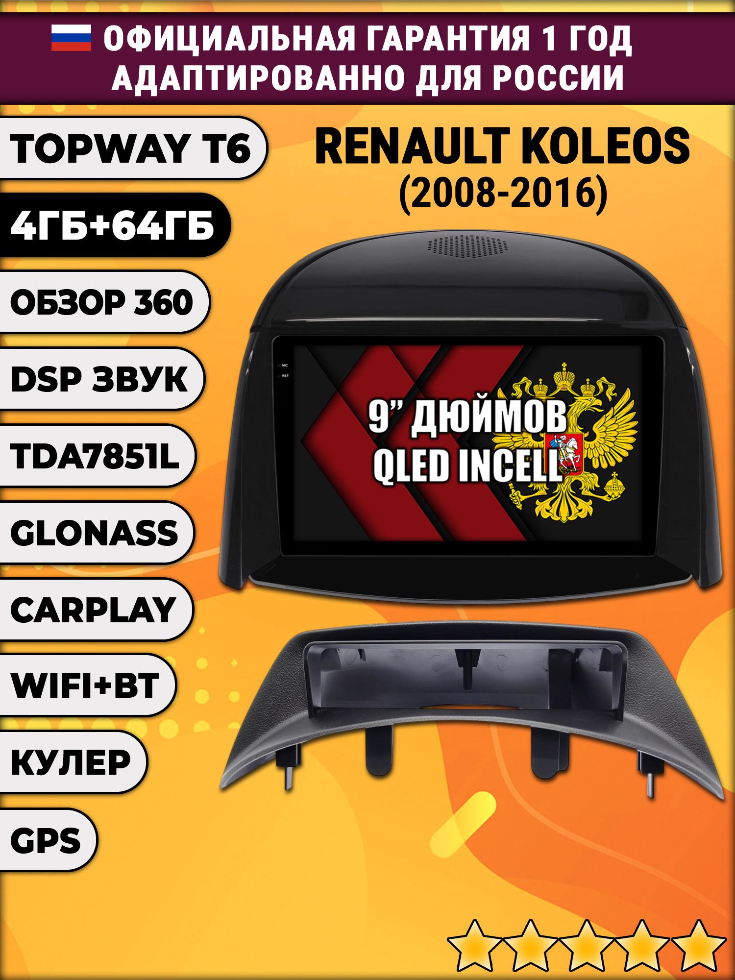 4гб+64гб с DSP для RENAULT KOLEOS (2008 - 2016), для комплектации без цветного экрана, Android магнитола, без слота под симку, усилитель звука TDA7851 и поддержка 360 камер