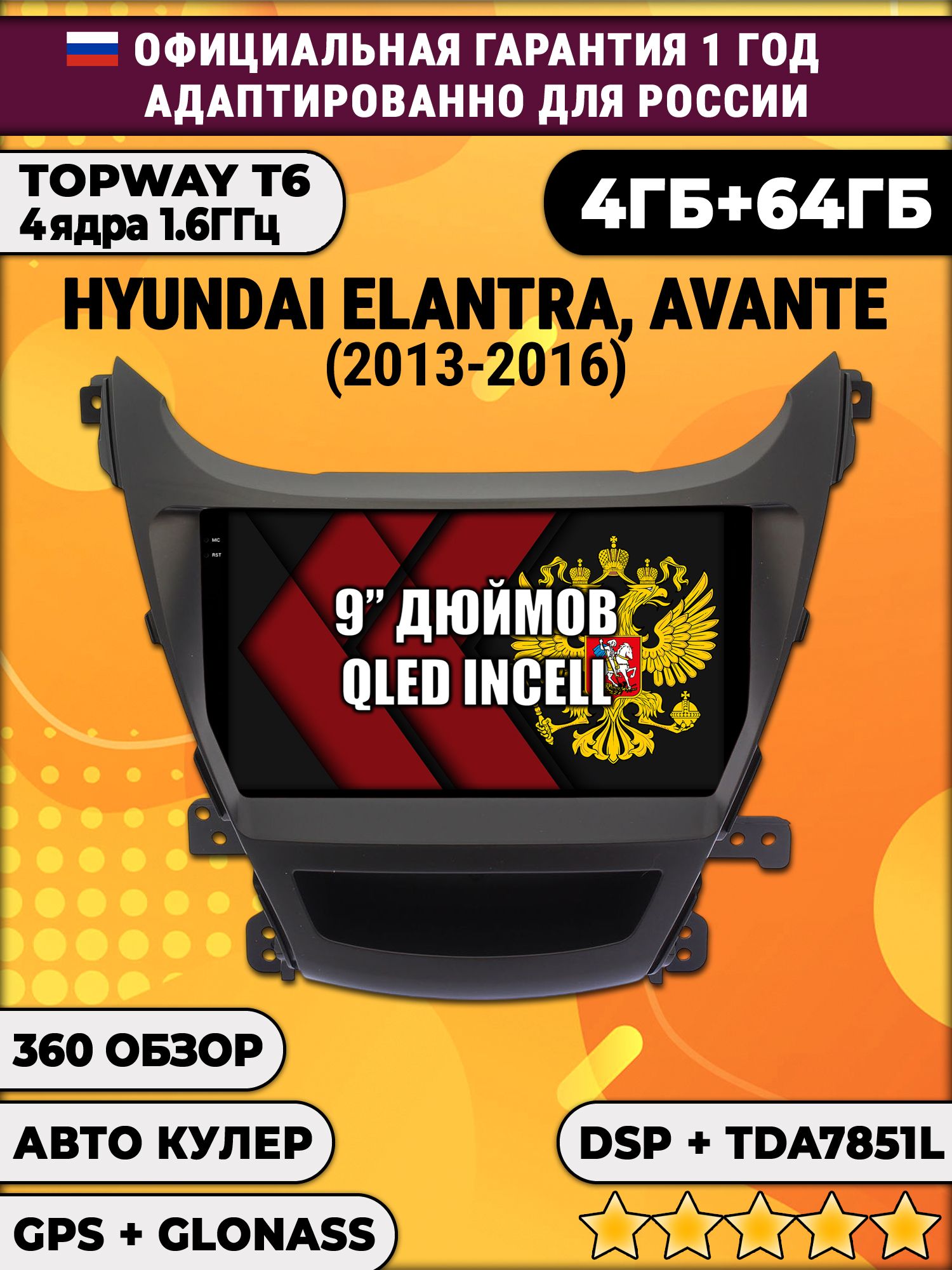 4гб+64гб с DSP для HYUNDAI ELANTRA, AVANTE (2013 - 2016), Android магнитола, без слота под симку, усилитель звука TDA7851 и поддержка 360 камер