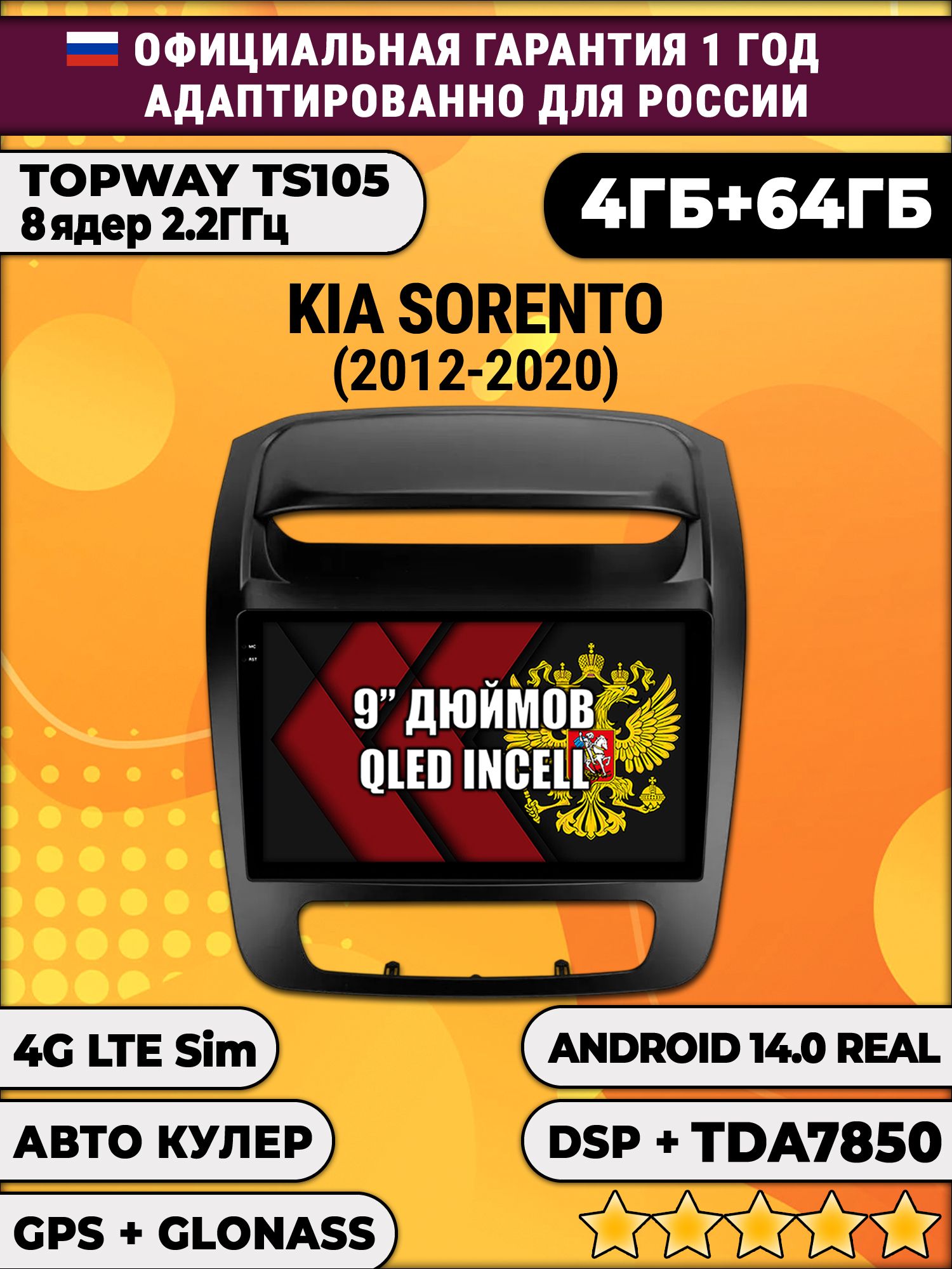 TS105 8 ядер, 4гб+64гб для KIA SORENTO (2012 - 2020), Android магнитола