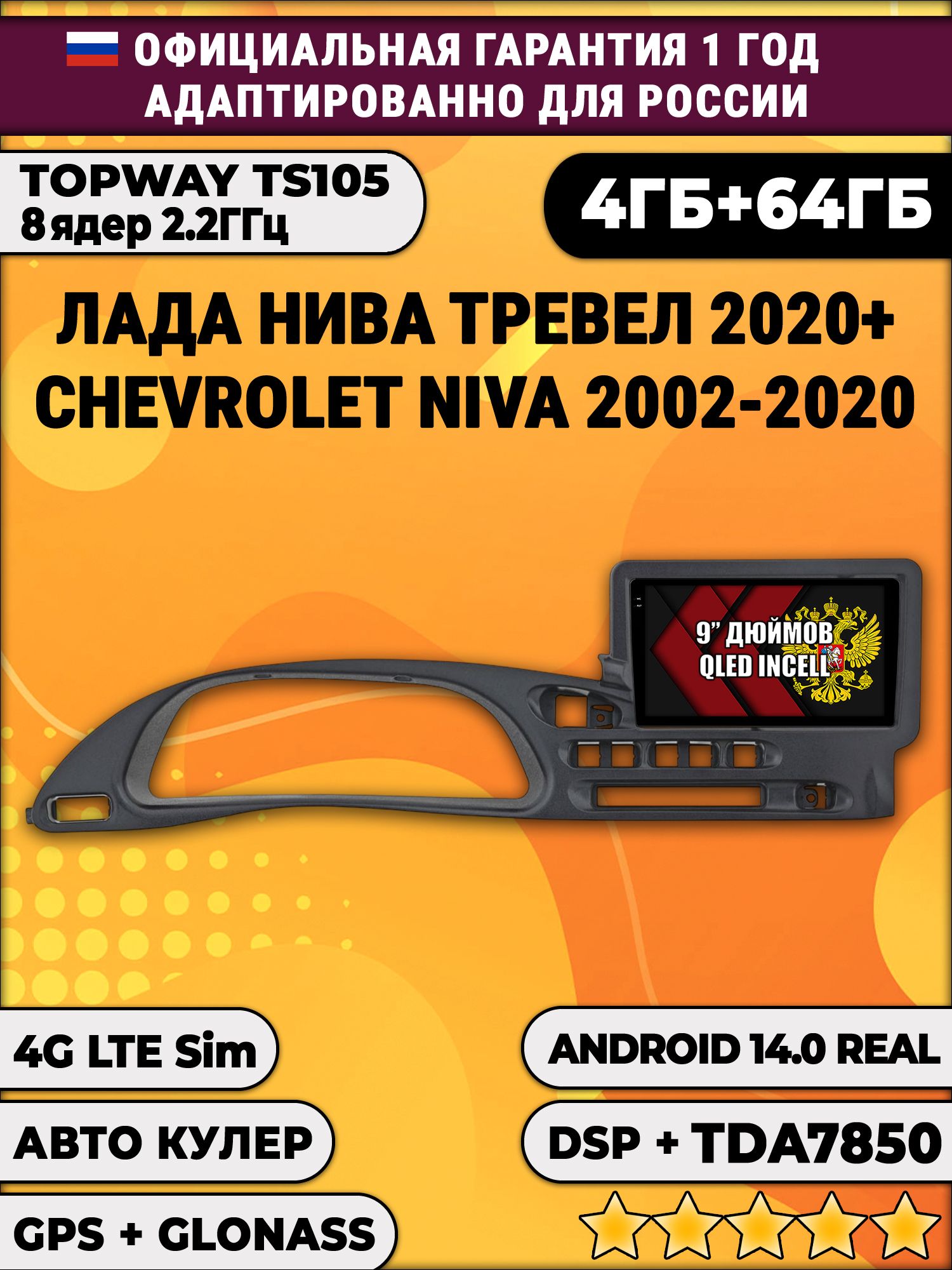 TS105 8 ядер, 4гб+64гб для ЛАДА НИВА ТРЕВЕЛ (2020 - 2025), CHEVROLET NIVA (2002 - 2020), Android магнитола