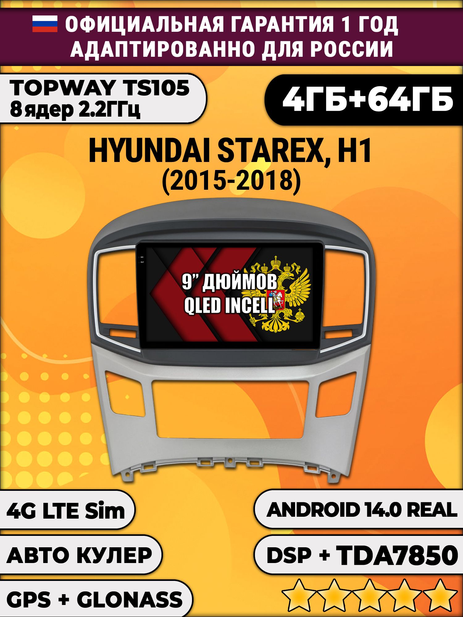 TS105 8 ядер, 4гб+64гб для HYUNDAI H1, H-1 STAREX (2015 - 2018), Android магнитола