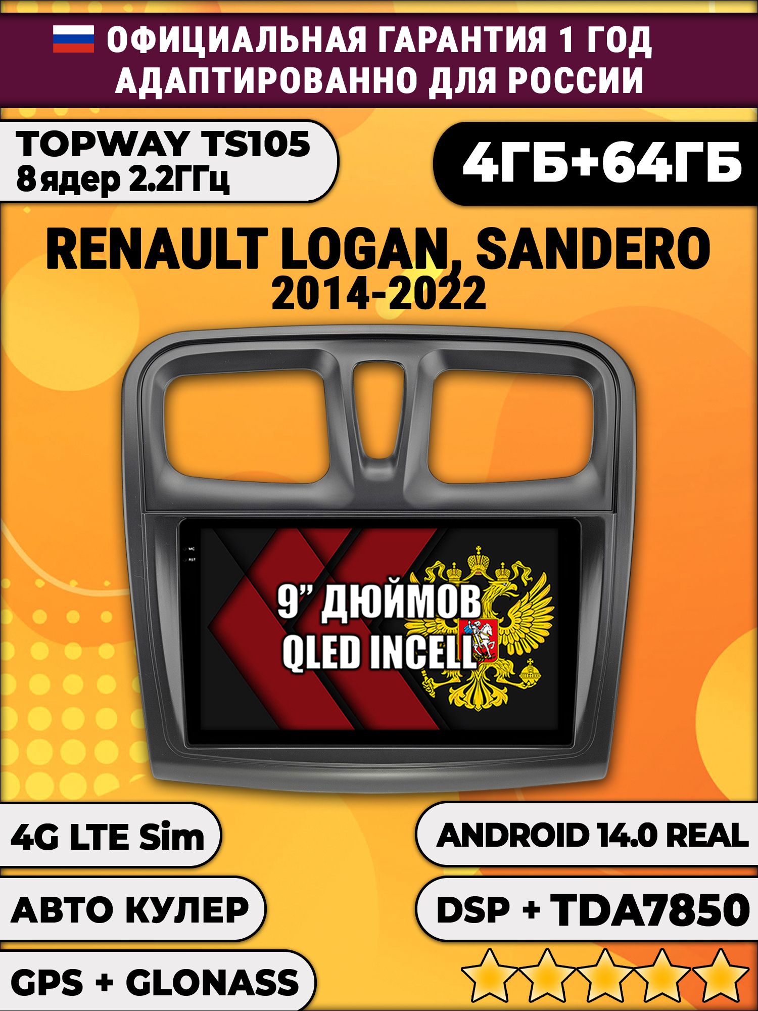 TS105 8 ядер, 4гб+64гб для RENAULT LOGAN, SANDERO (2014 - 2022), Android магнитола
