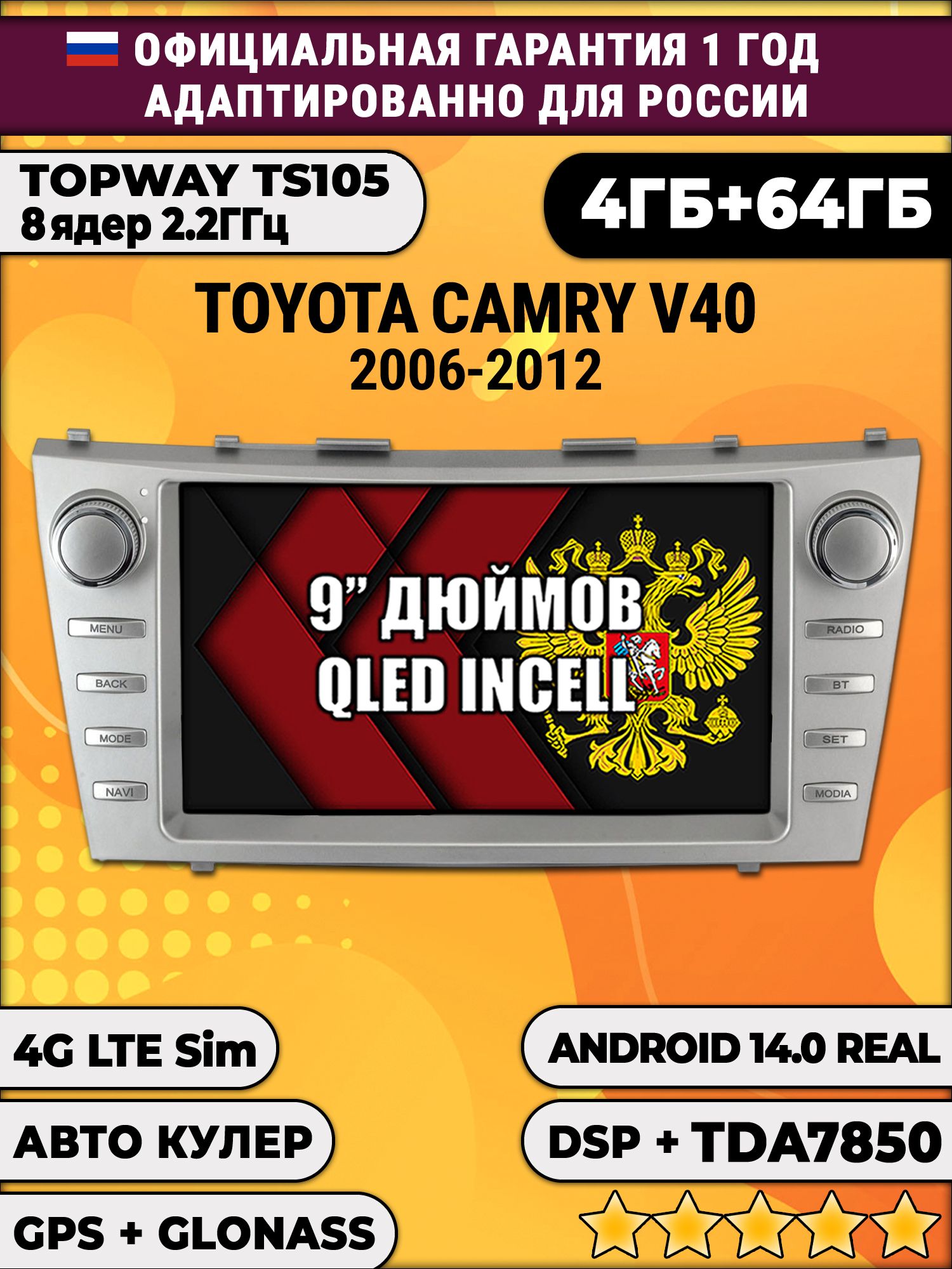 TS105 8 ядер, 4гб+64гб для TOYOTA CAMRY V40 (2006 - 2012), рамка с крутилками, Android магнитола