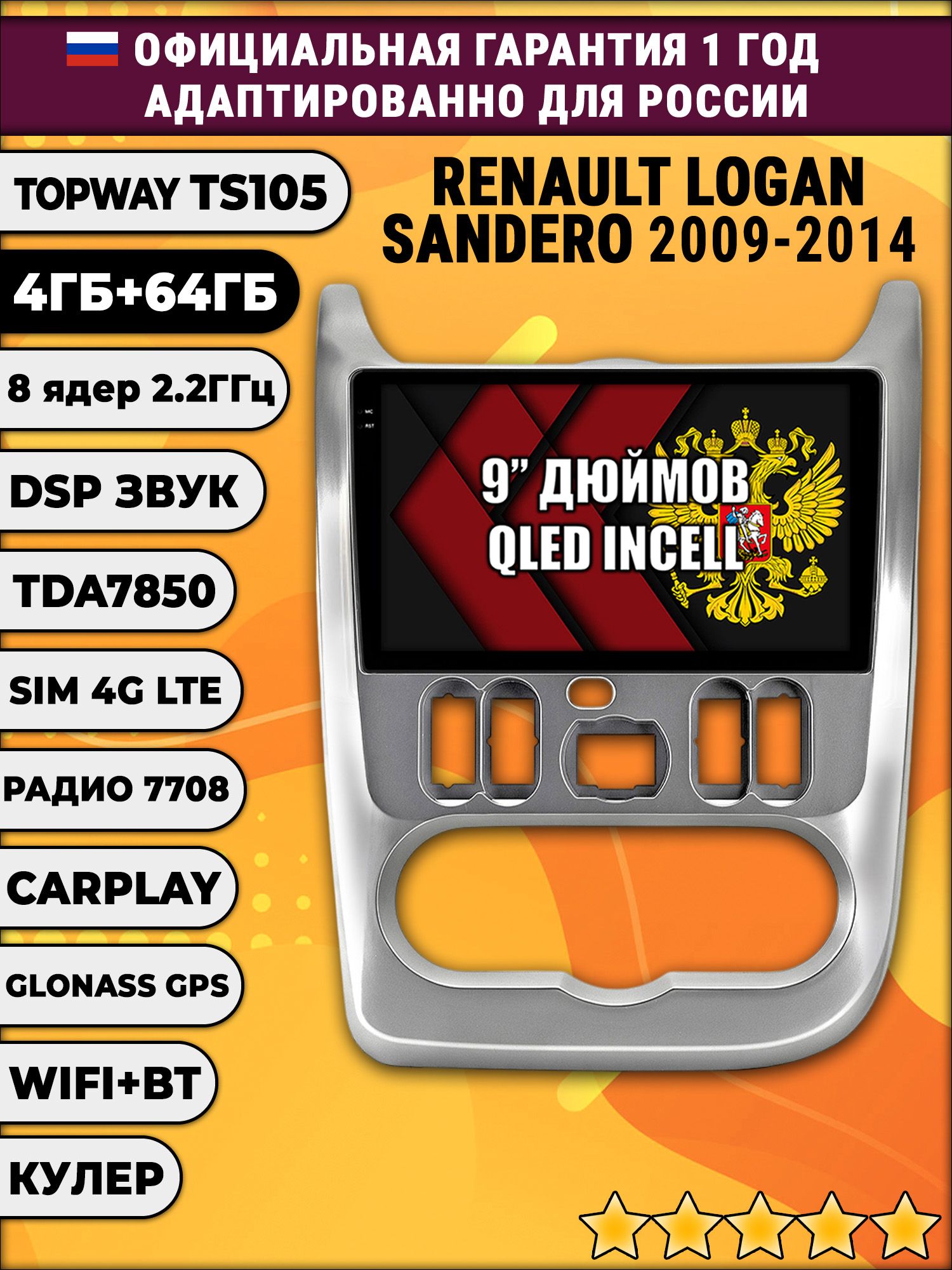 TS105 8 ядер, 4гб+64гб для RENAULT LOGAN (2009 - 2014) SANDERO (2009 - 2014), серебристая рамка, Android магнитола