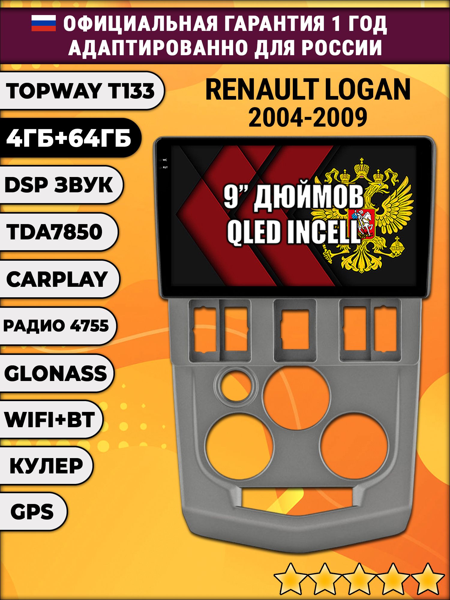 4гб+64гб с DSP для RENAULT LOGAN (2004 - 2009), Android магнитола, без слота под симку, усилитель звука настоящий TDA7850
