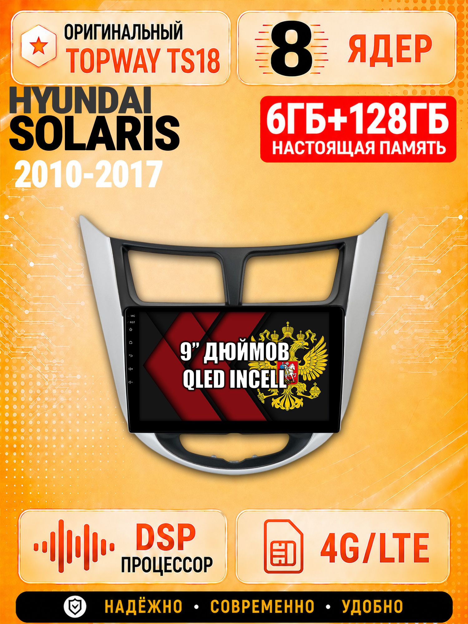 8 ядер 6гб+128гб для HYUNDAI SOLARIS (2010 2011 2012 2013 2014 2015 2016 2017) Соларис, рамка с черным центром, Андроид магнитола с Carplay и Android Auto