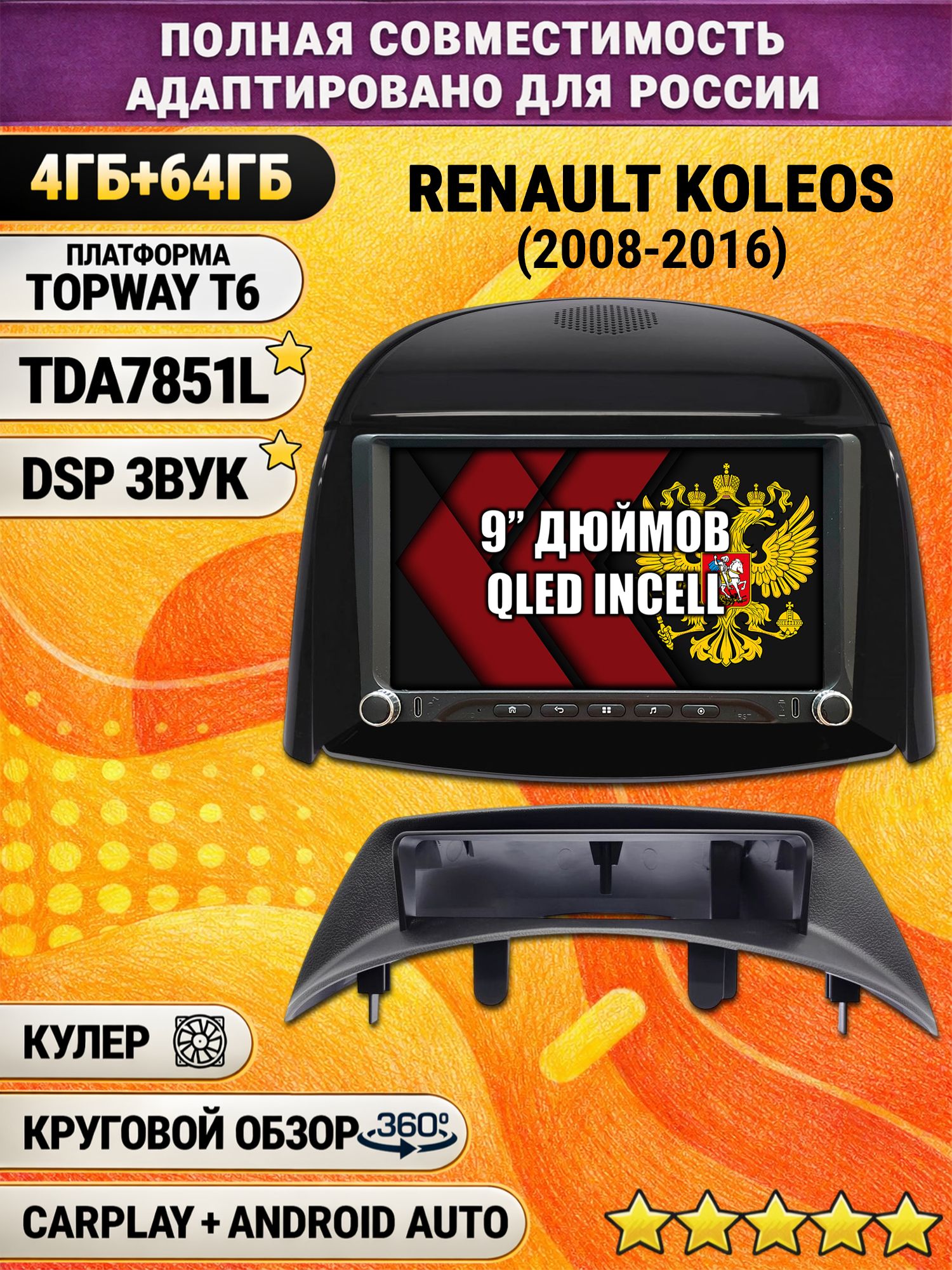 Штатная магнитола Андроид для RENAULT KOLEOS (2008-2016), для комплектации без цветного экрана, 4/64гб, DSP, 360 обзор, беспроводной CarPlay и Android Auto, GPS и ГЛОНАСС