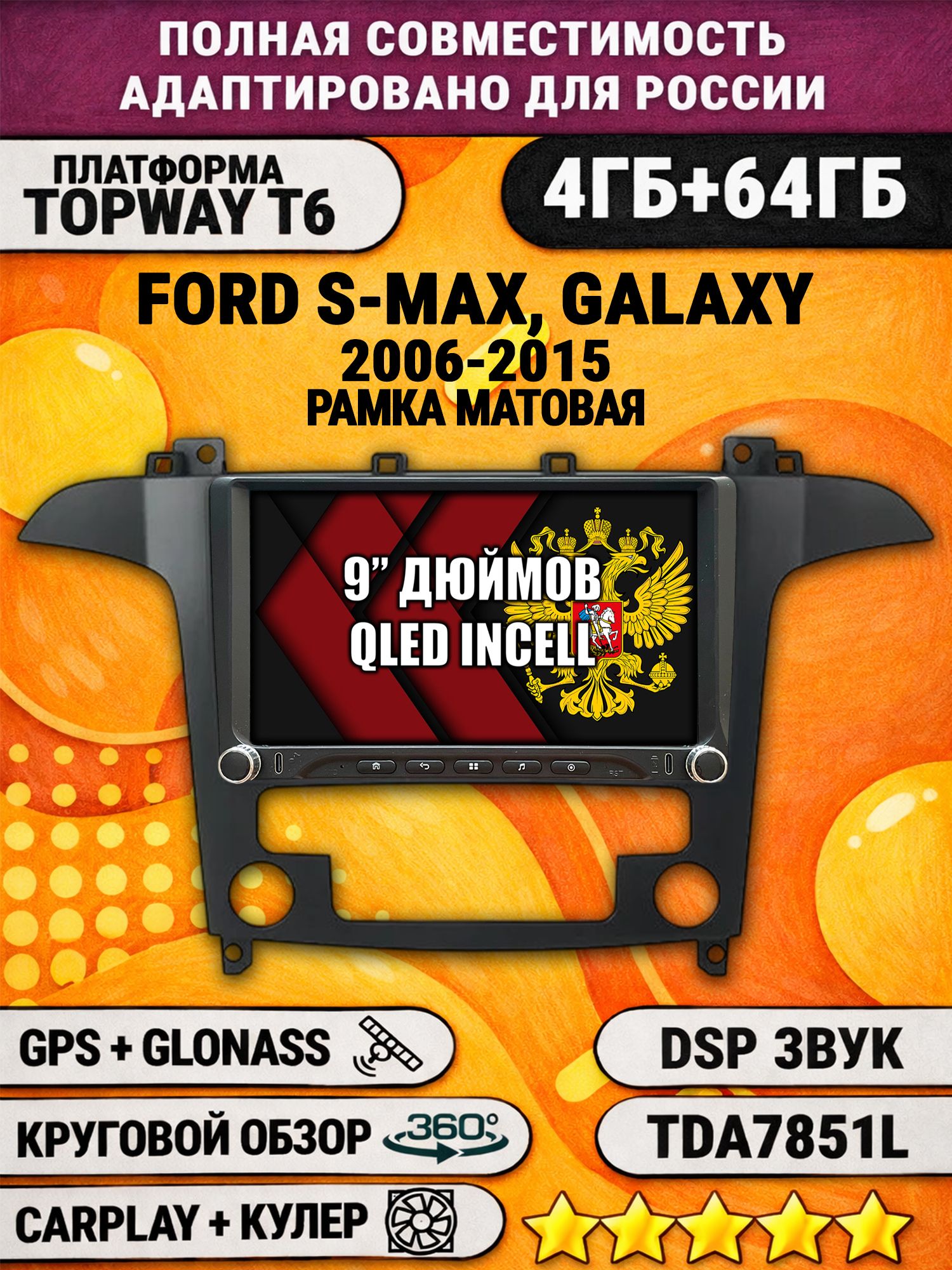 Штатная магнитола Андроид для FORD S-MAX (2006-2015), рамка черная матовая, под климат, 4/64гб, DSP, 360 обзор, беспроводной CarPlay и Android Auto, GPS и ГЛОНАСС