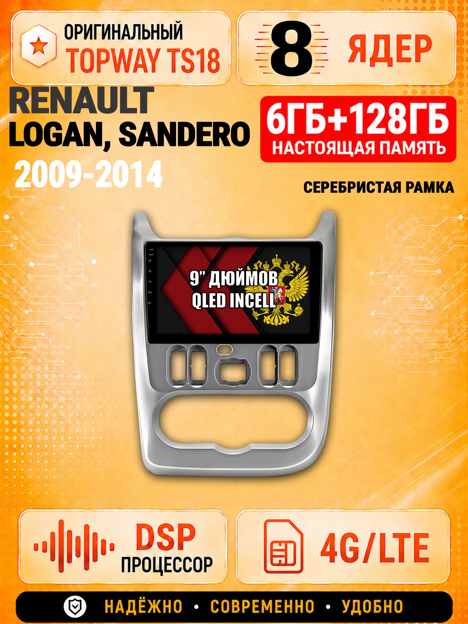 8 ядер 6гб+128гб для RENAULT LOGAN (2009-2014), SANDERO (2009-2014), рамка серебро, Андроид магнитола с Carplay и Android Auto