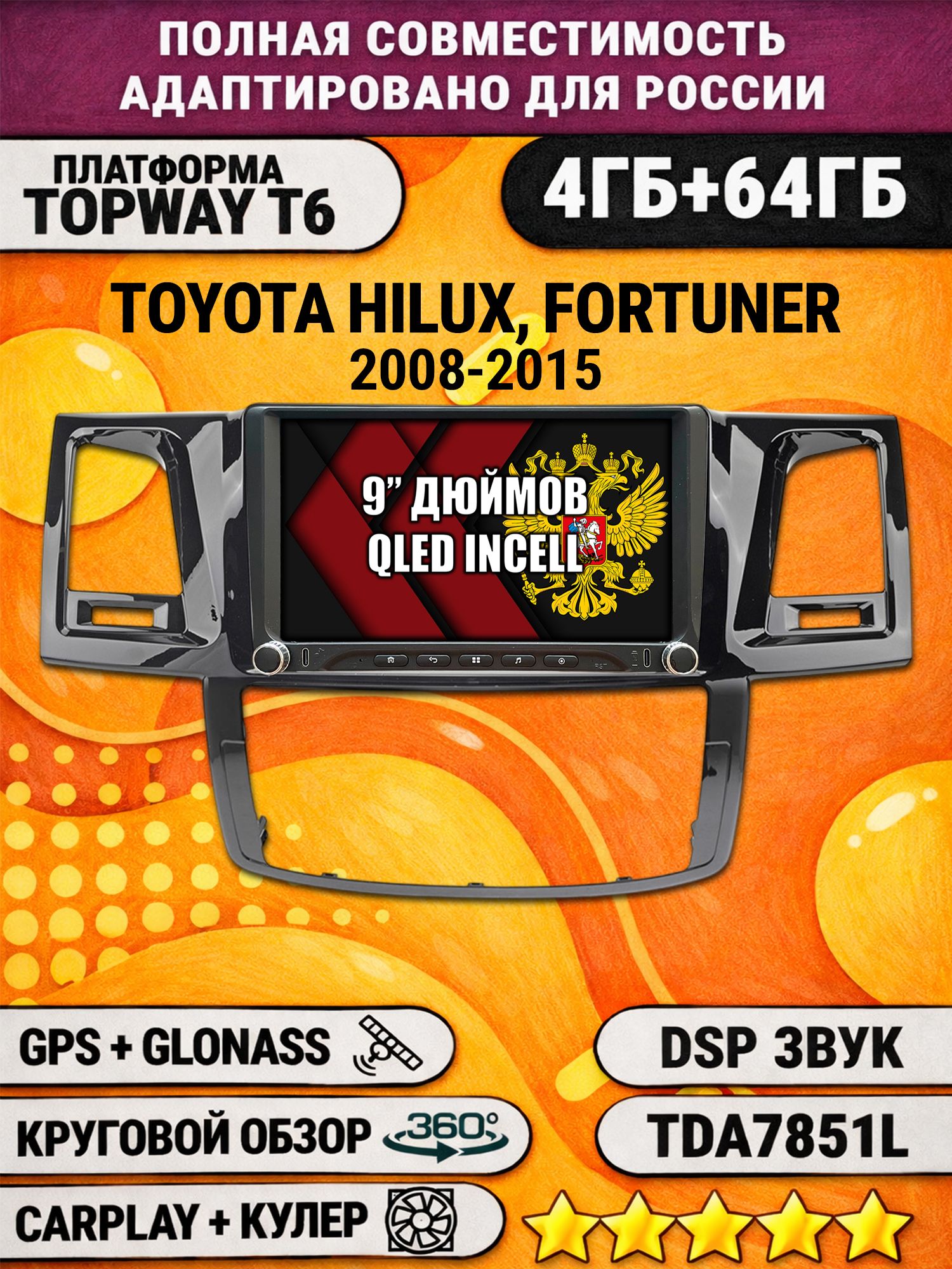Штатная магнитола Андроид для TOYOTA HILUX, FORTUNER (2008-2015), 4/64гб, DSP, 360 обзор, беспроводной CarPlay и Android Auto, GPS и ГЛОНАСС
