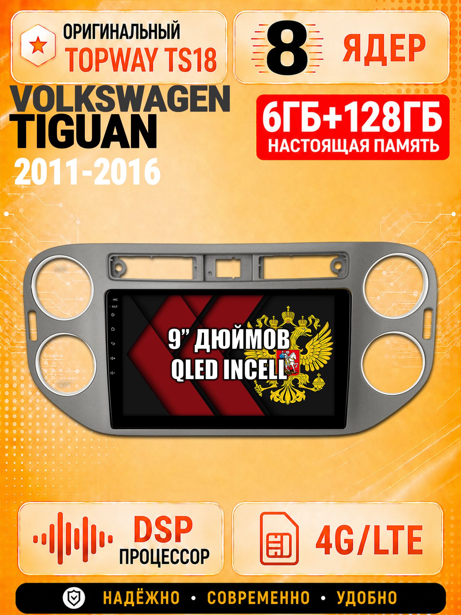 8 ядер 6гб+128гб для VOLKSWAGEN TIGUAN (2011-2016), квадратная аварийка, рамка темно серая, Андроид магнитола с Carplay и Android Auto