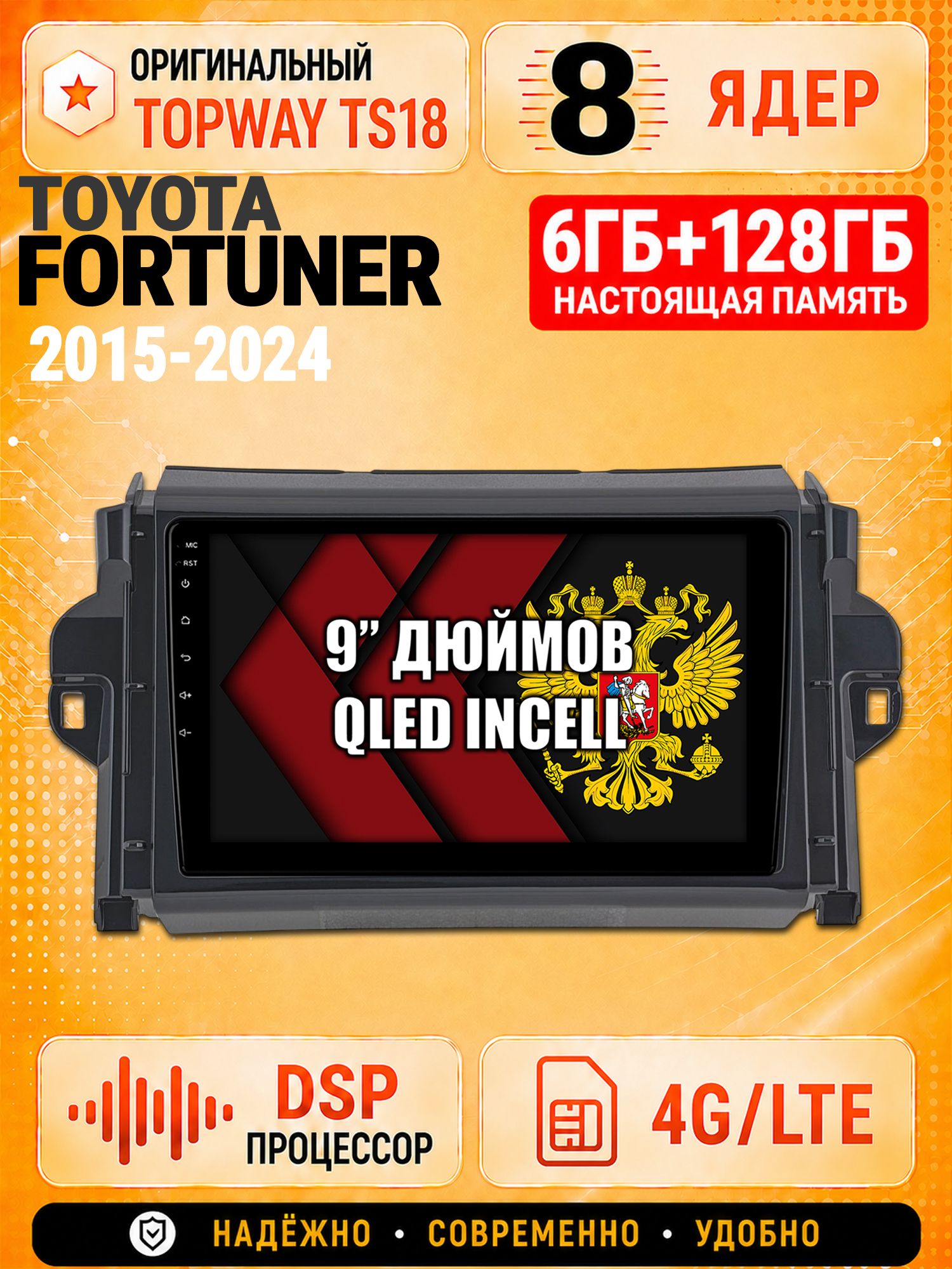 8 ядер 6гб+128гб для TOYOTA FORTUNER (2015-2024), Андроид магнитола с Carplay и Android Auto