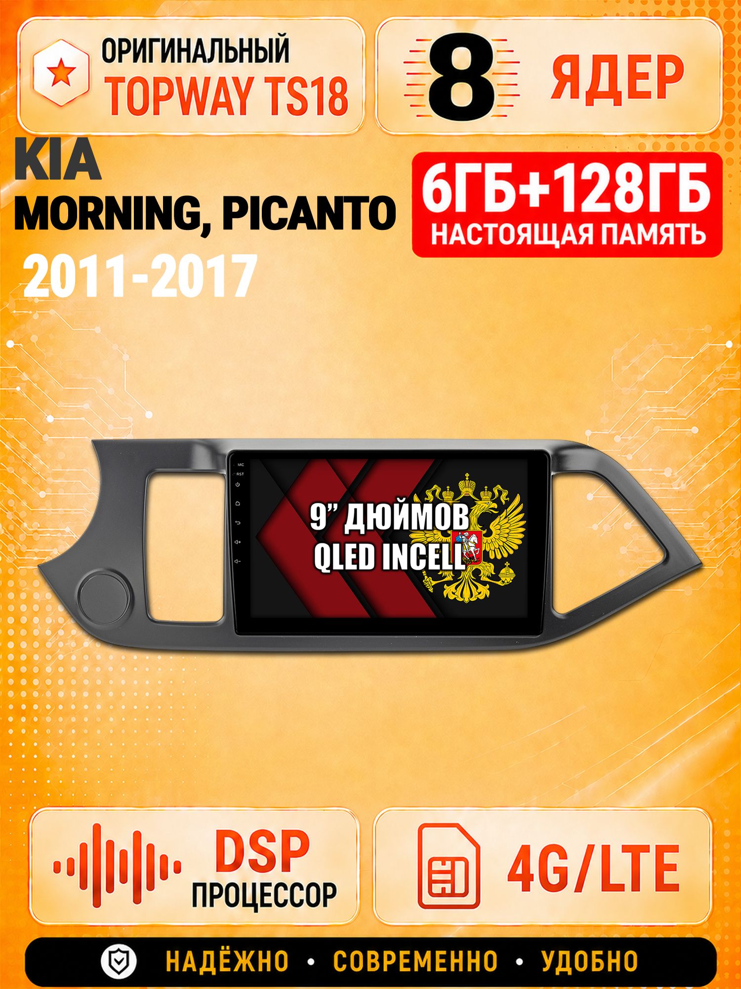 8 ядер 6гб+128гб для KIA MORNING (2011-2017), PICANTO (2011-2017), Андроид магнитола с Carplay и Android Auto