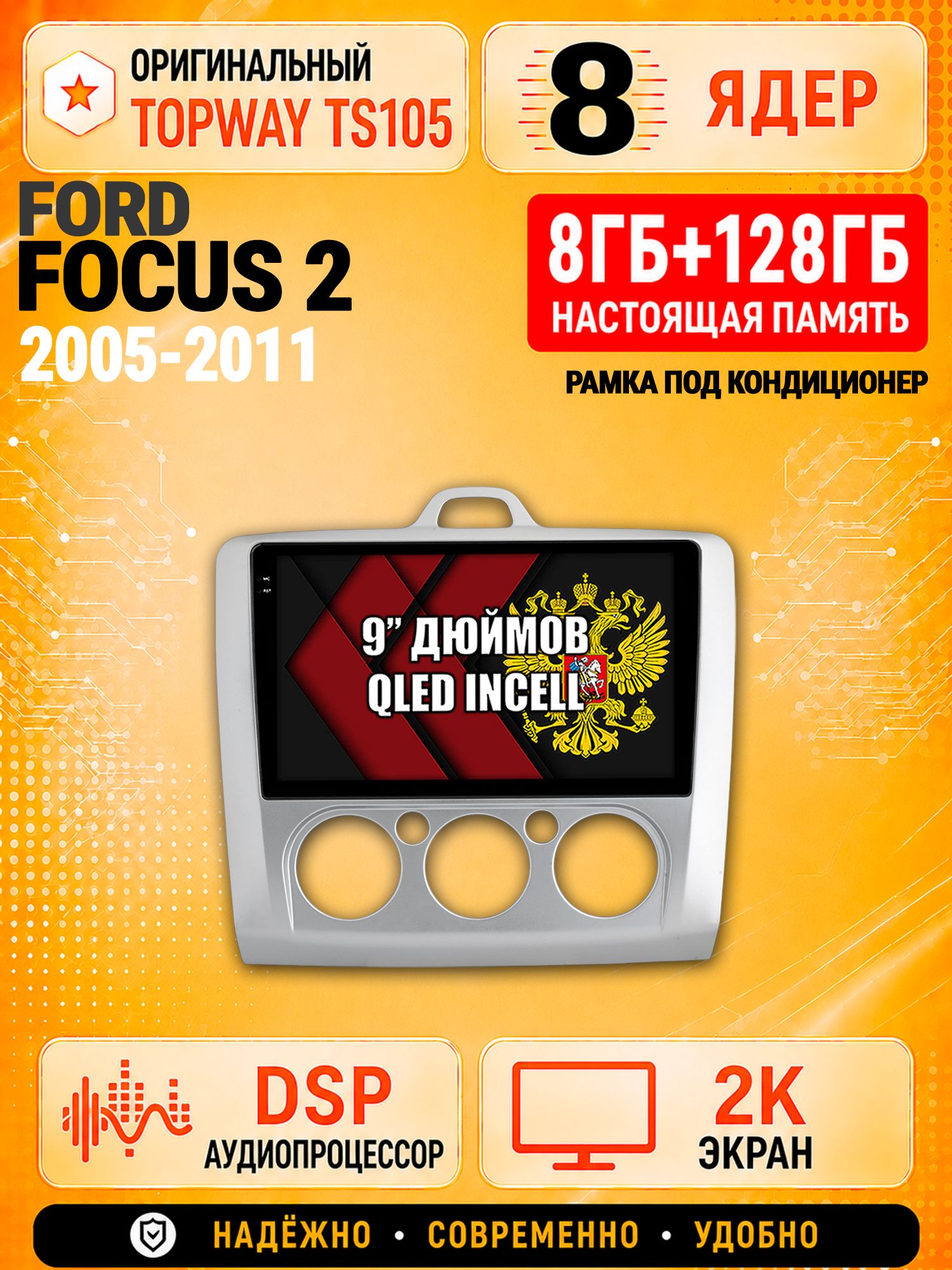 8 ядер TS105, 8гб+128гб, экран 2К, для FORD FOCUS (2005 2006 2007 2008 2009 2010 2011) Фокус, Андроид автомагнитола с Carplay и Android auto - Рамка под кондиционер