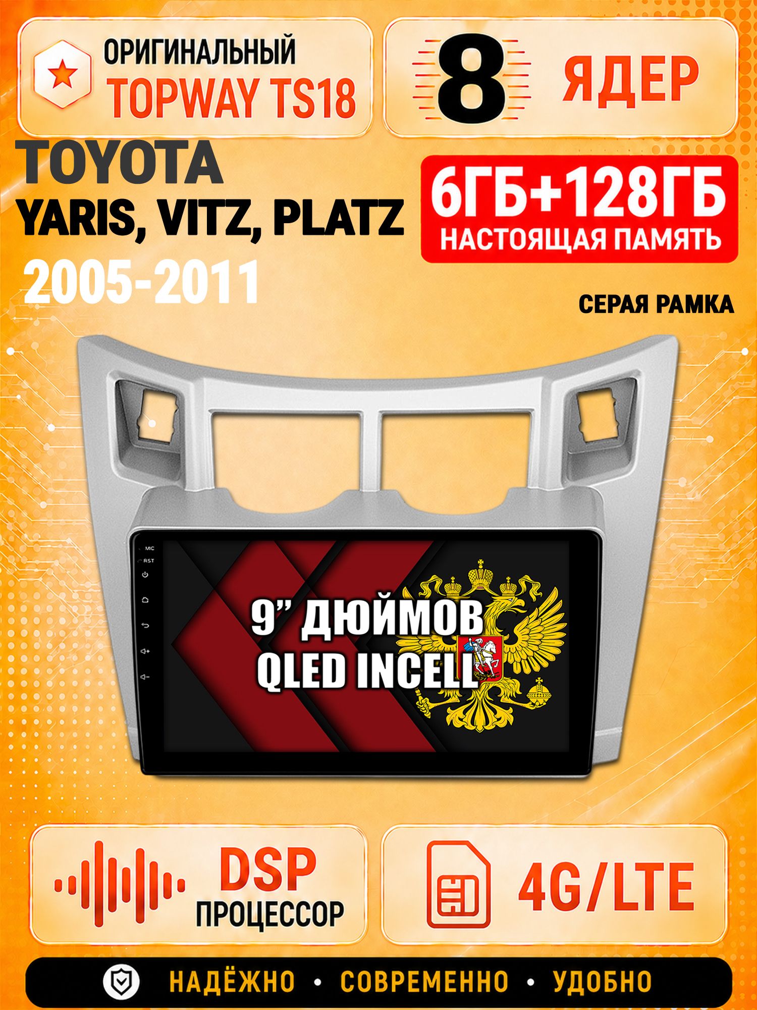8 ядер 6гб+128гб для TOYOTA YARIS, VITZ, PLATZ (2005-2011), рамка серая, Андроид магнитола с Carplay и Android Auto