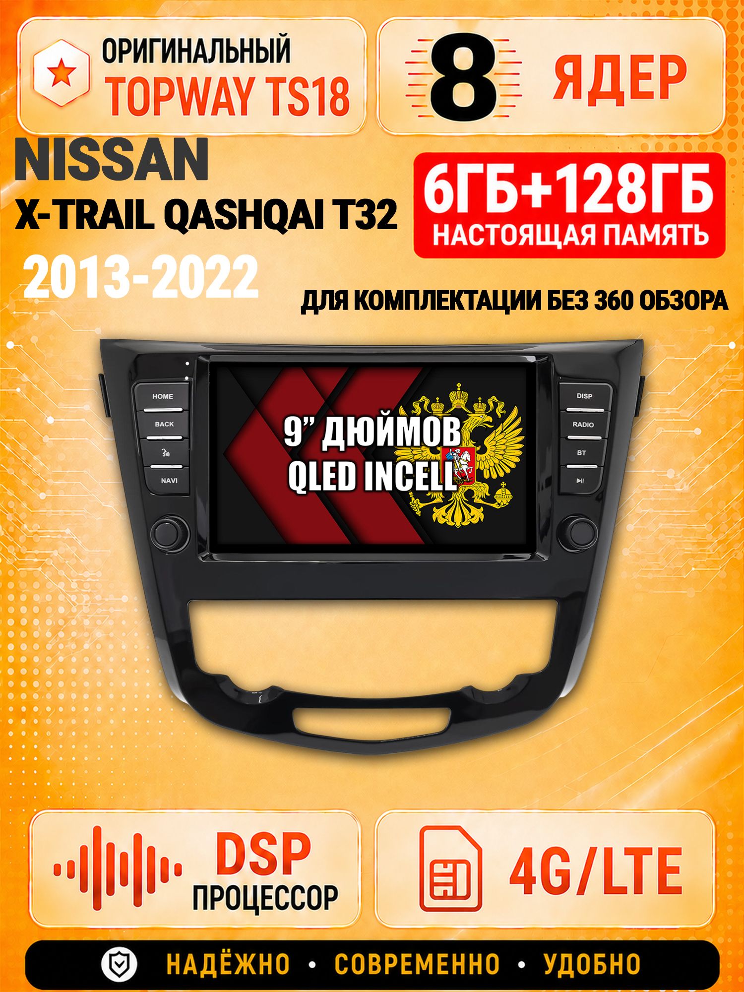 8 ядер 6гб+128гб для NISSAN X-TRAIL, QASHQAI, T32 XTRAIL (2013-2022), для комплектации без 360 обзора, Андроид магнитола с Carplay и Android Auto