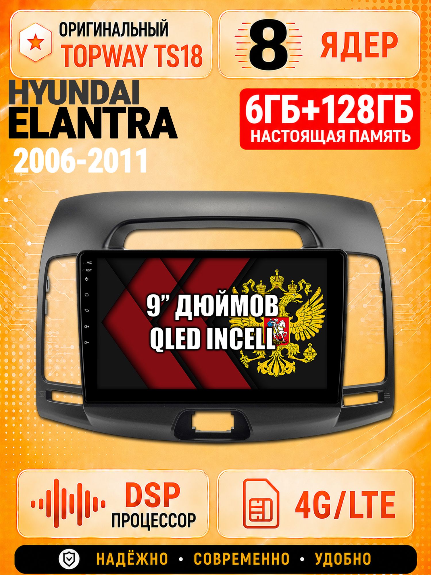 8 ядер 6гб+128гб для HYUNDAI ELANTRA (2006-2011), Андроид магнитола с Carplay и Android Auto