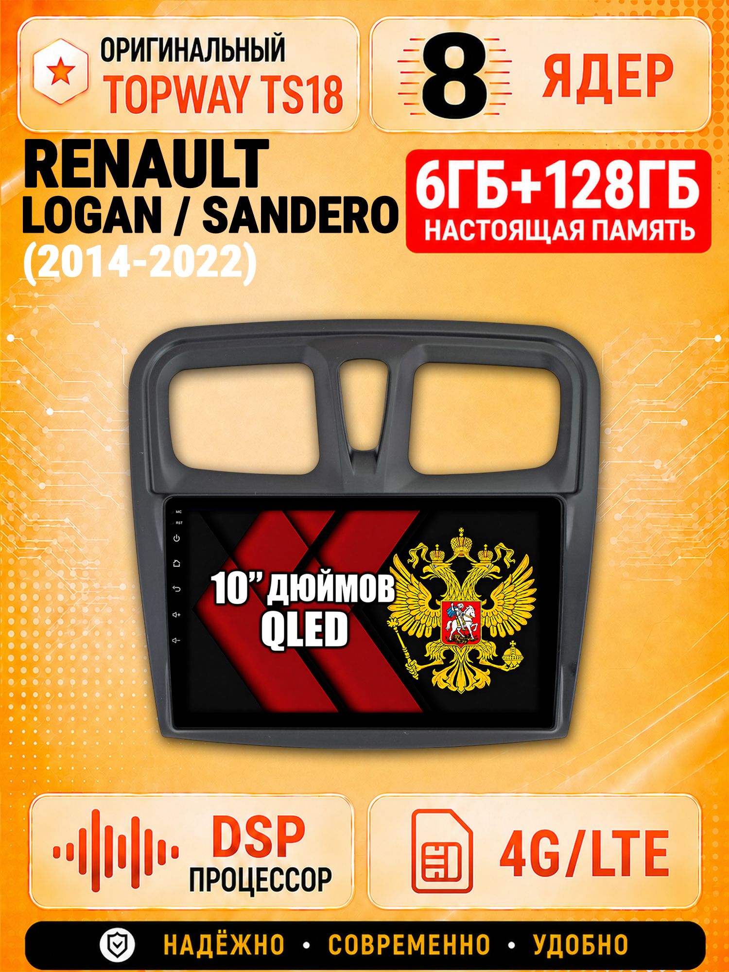 8 ядер 6гб+128гб андроид магнитола для RENAULT LOGAN, SANDERO (2014 2015 2016 2017 2018 2019 2020 2021 2022), Android с 4G LTE и Carplay
