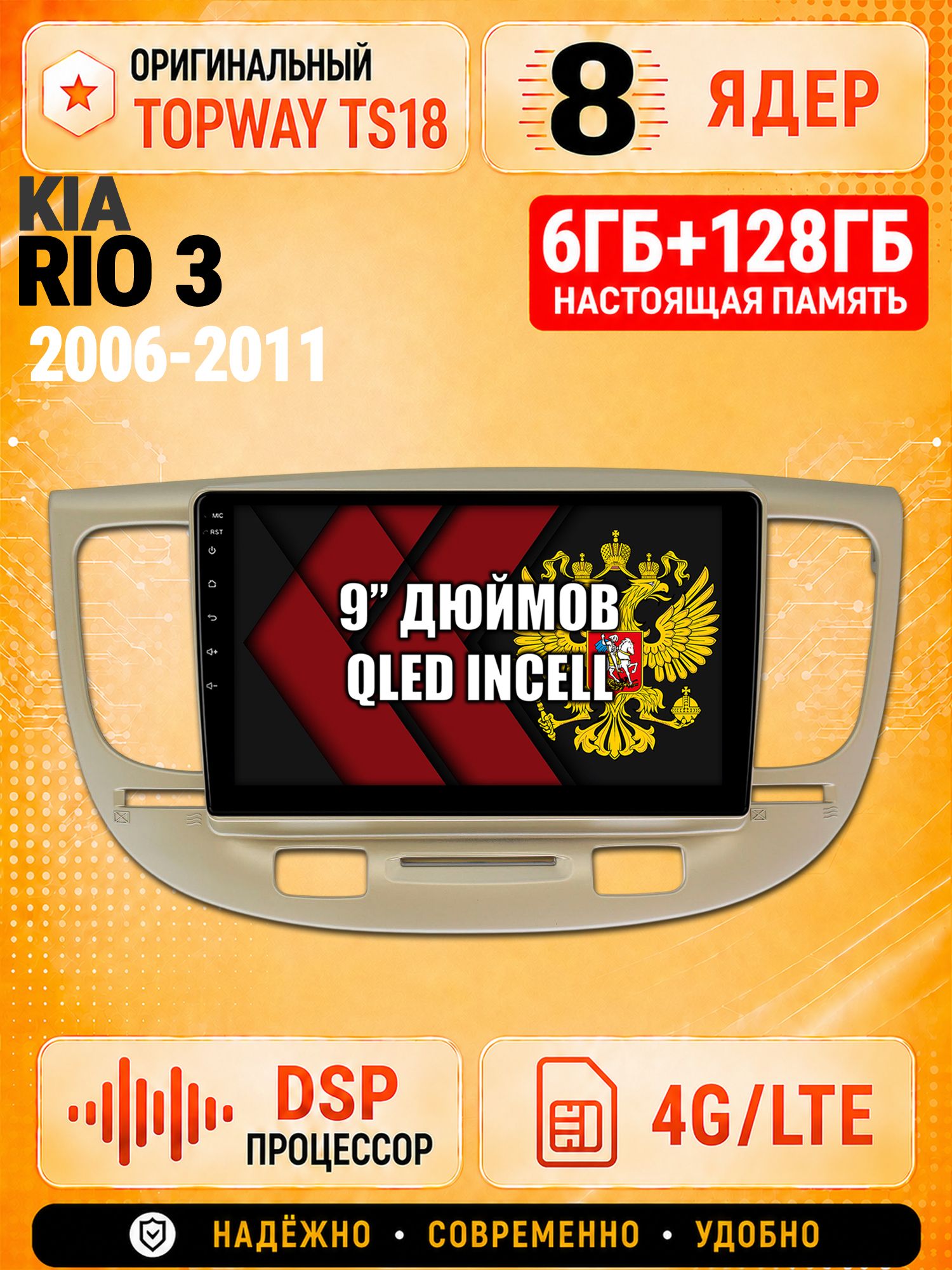 8 ядер 6гб+128гб для KIA RIO (2006-2011), Андроид магнитола с Carplay и Android Auto