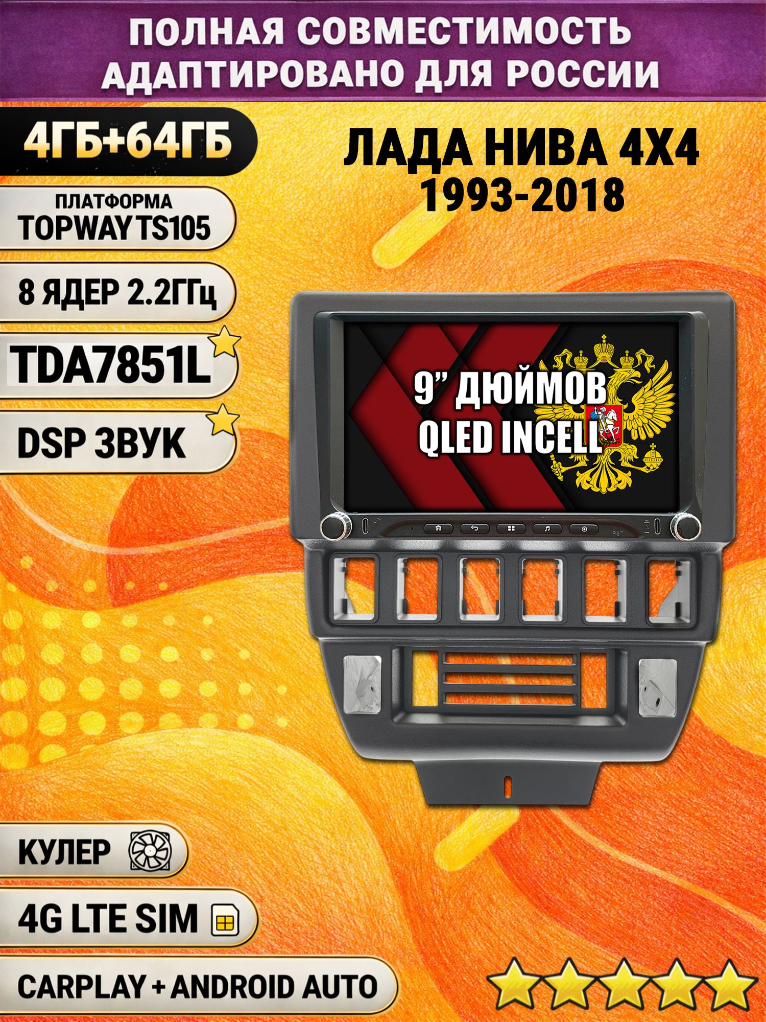 Штатная магнитола Андроид для ЛАДА НИВА (1993-2018), LADA NIVA 4X4, 4/64гб, DSP, Topway TS105, беспроводной CarPlay и Android Auto, GPS и ГЛОНАСС
