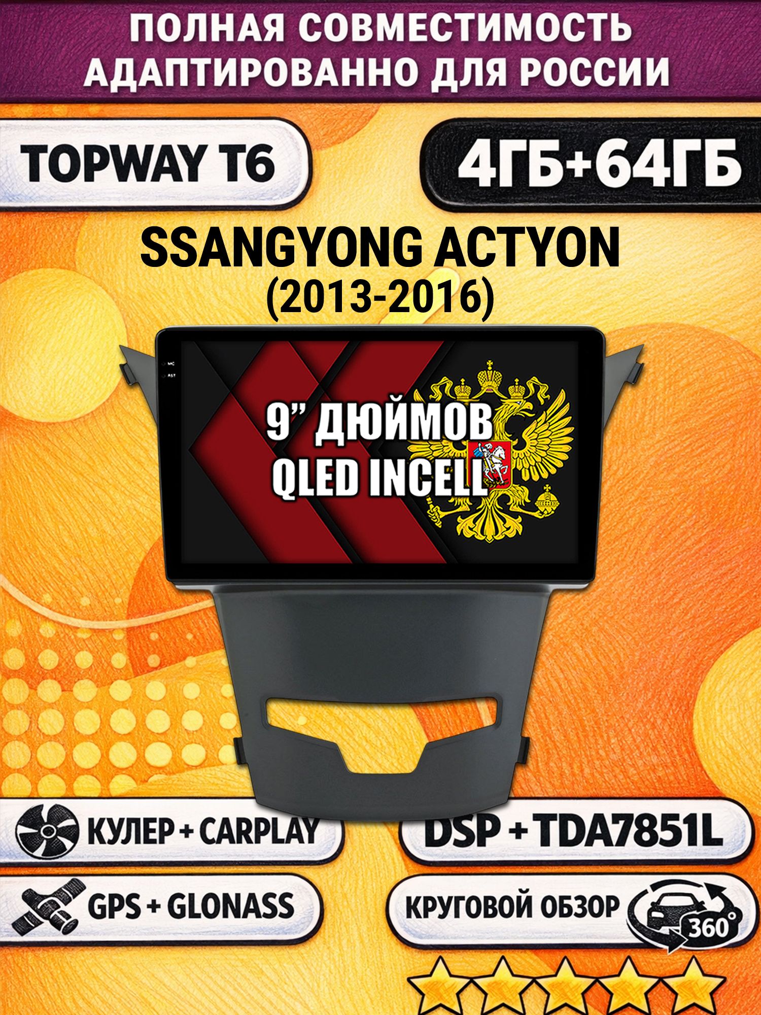Штатная Андроид магнитола для SSANGYONG ACTYON (2013-2016), 4/64гб, 360 обзор, DSP, беспроводной CarPlay/Android Auto, GPS/ГЛОНАСС