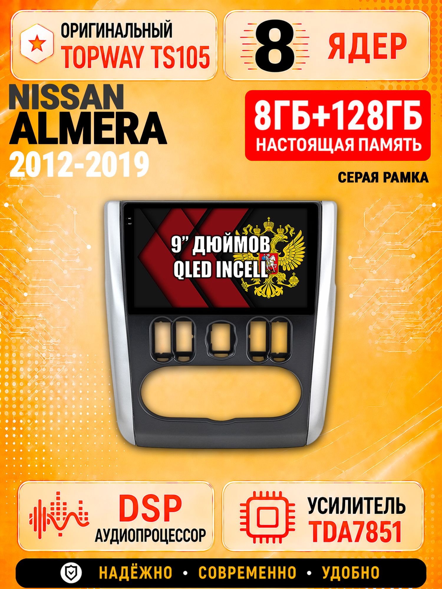 8 ядер TS105 с памятью 8гб+128гб для Nissan Almera (2012-2019), Штатная андроид магнитола, DSP, 4G, беспроводной CarPlay/Android Auto - Серая рамка