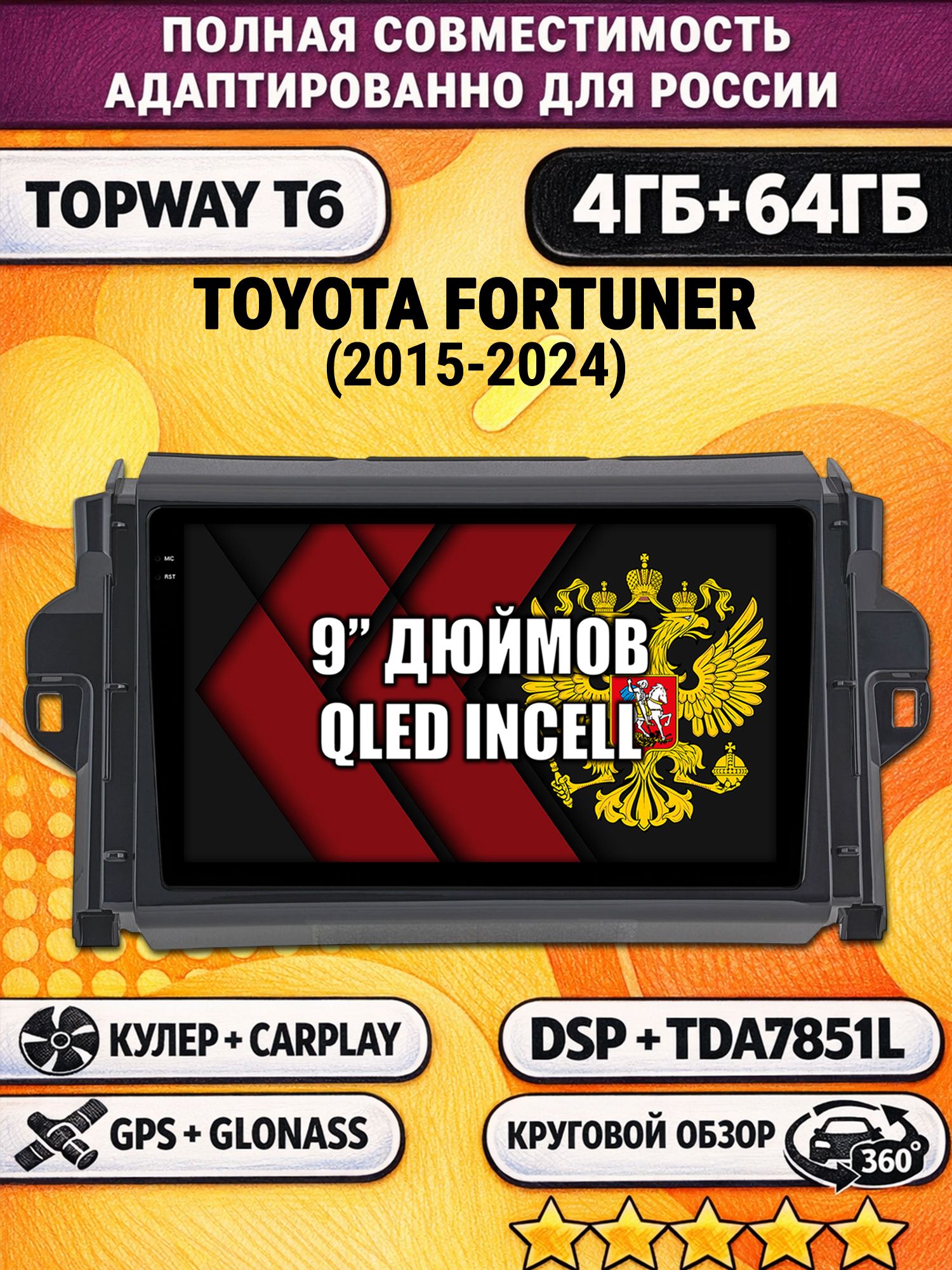 Штатная Андроид магнитола для TOYOTA FORTUNER (2015-2024), 4/64гб, 360 обзор, DSP, беспроводной CarPlay/Android Auto, GPS/ГЛОНАСС