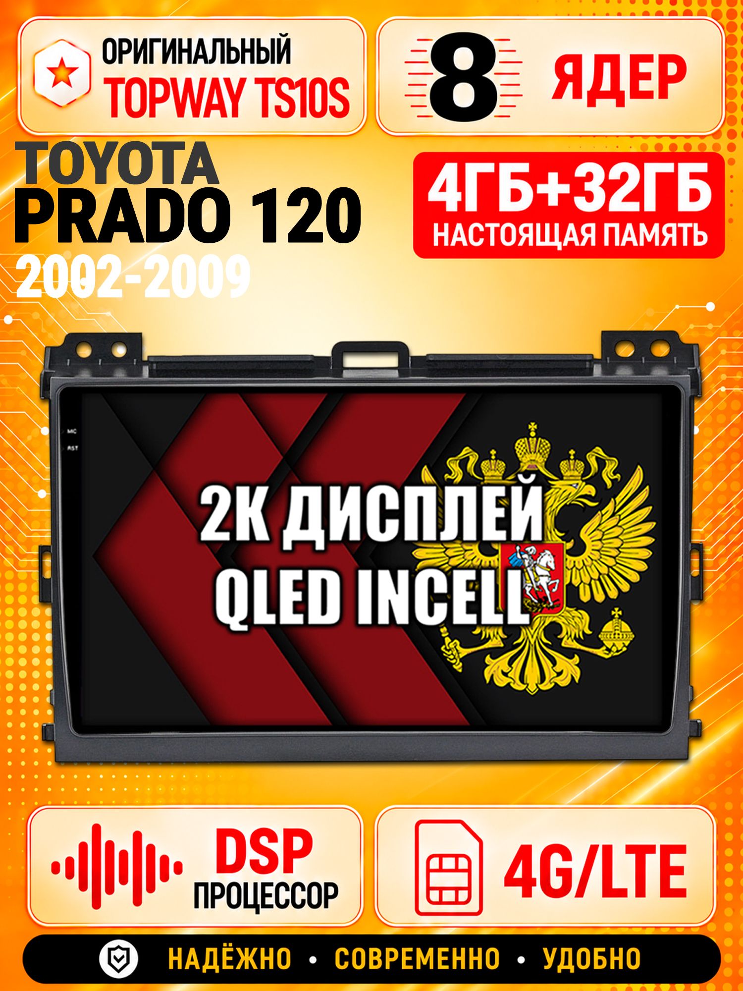 8 ядер TS10S, память 4гб+32гб и экран 2К, для TOYOTA PRADO 120 (2002-2009), Android магнитола с Carplay и 4G LTE