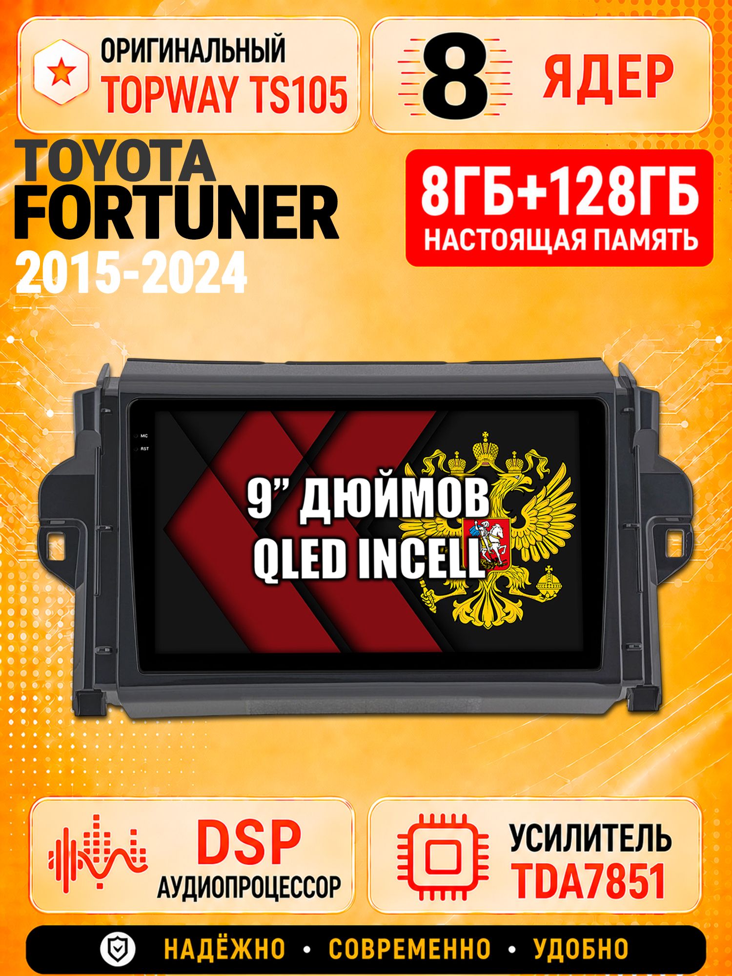 8 ядер TS105 с памятью 8гб+128гб для Toyota Fortuner (2015-2024), Штатная андроид магнитола, DSP, 4G, беспроводной CarPlay/Android Auto