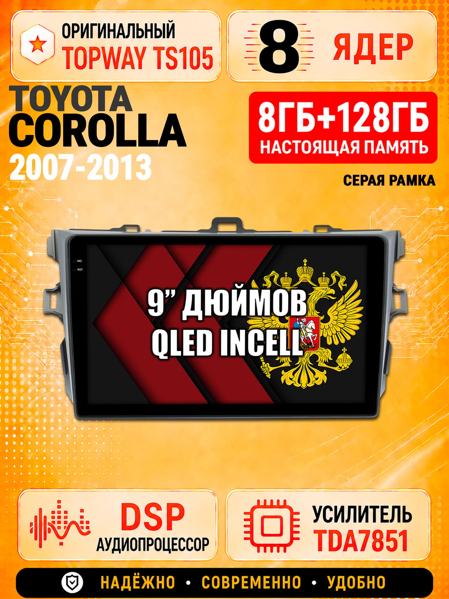 8 ядер TS105 с памятью 8гб+128гб для Toyota Corolla (2007-2013), Штатная андроид магнитола, DSP, 4G, беспроводной CarPlay/Android Auto - Серая рамка