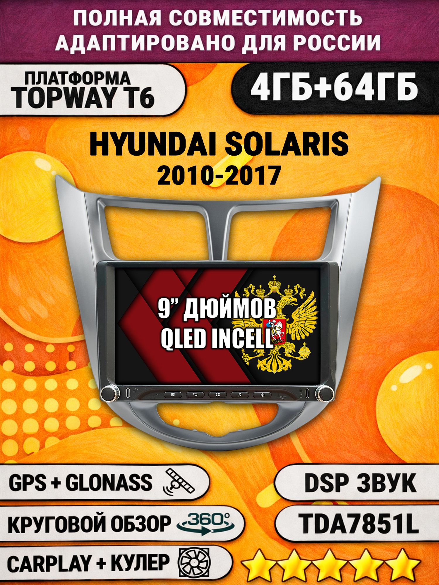 Штатная магнитола Андроид 9 для HYUNDAI SOLARIS (2010 2011 2012 2013 2014 2015 2016 2017) Соларис, 4/64гб, DSP, 360 обзор, беспроводной CarPlay и Android Auto, GPS и ГЛОНАСС