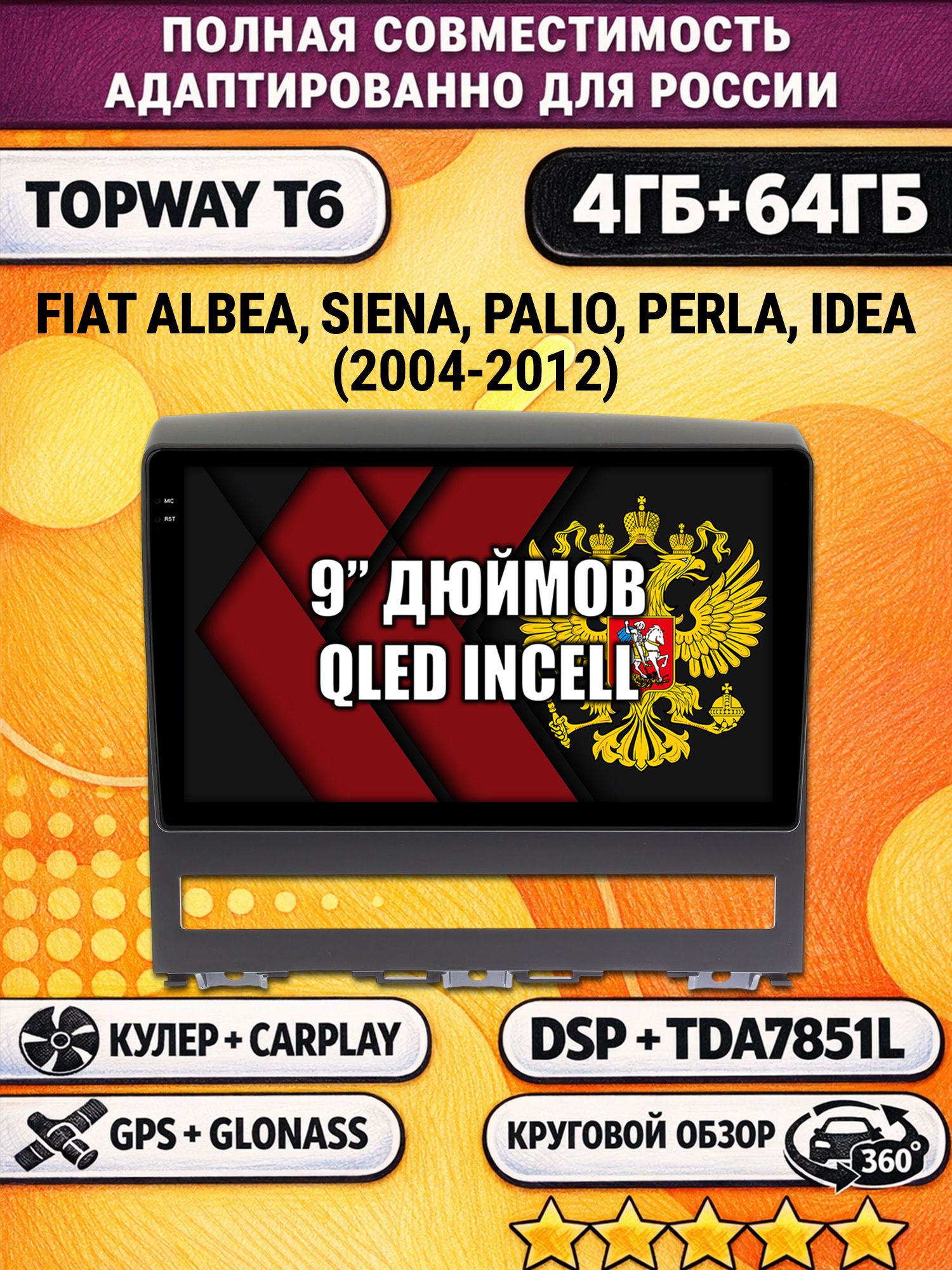 Штатная Андроид магнитола для FIAT ALBEA (2004-2012), 4/64гб, 360 обзор, DSP, беспроводной CarPlay/Android Auto, GPS/ГЛОНАСС