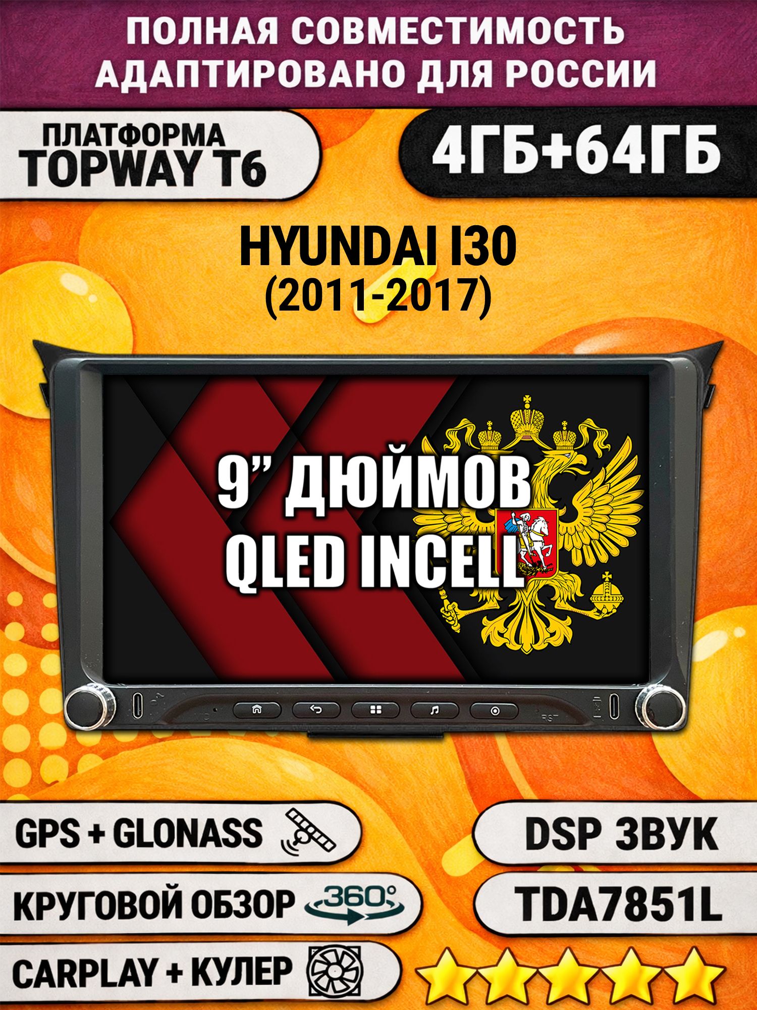 Штатная магнитола Андроид 9 для HYUNDAI I30 (2011-2017), 4/64гб, DSP, 360 обзор, беспроводной CarPlay и Android Auto, GPS и ГЛОНАСС