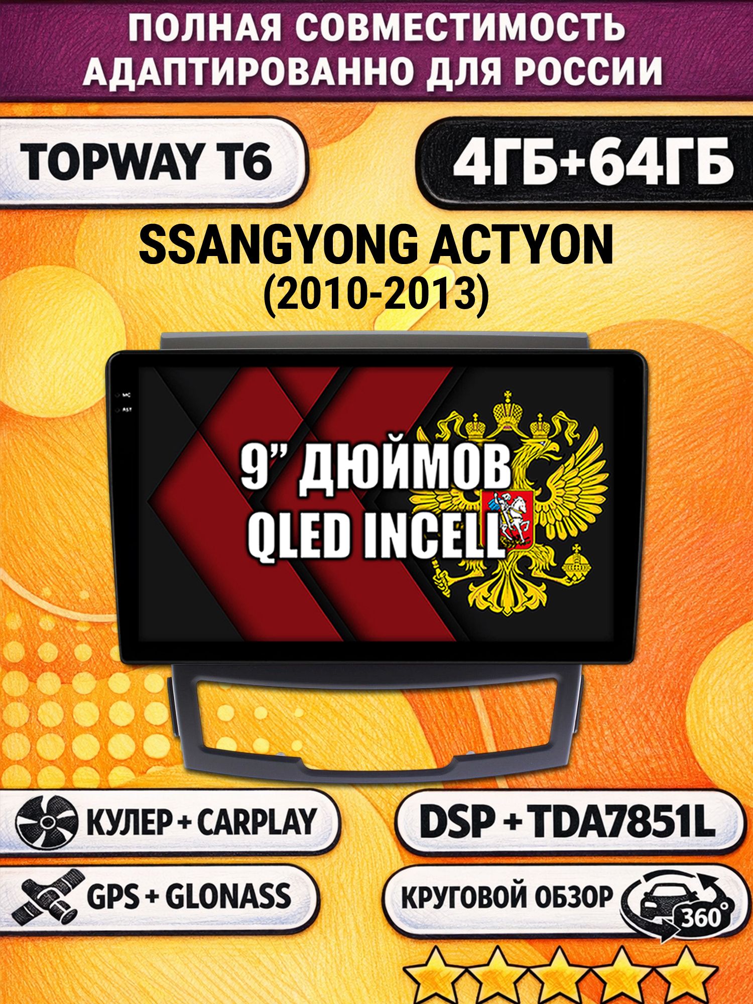 Штатная Андроид магнитола для SSANGYONG ACTYON (2010-2013), 4/64гб, 360 обзор, DSP, беспроводной CarPlay/Android Auto, GPS/ГЛОНАСС